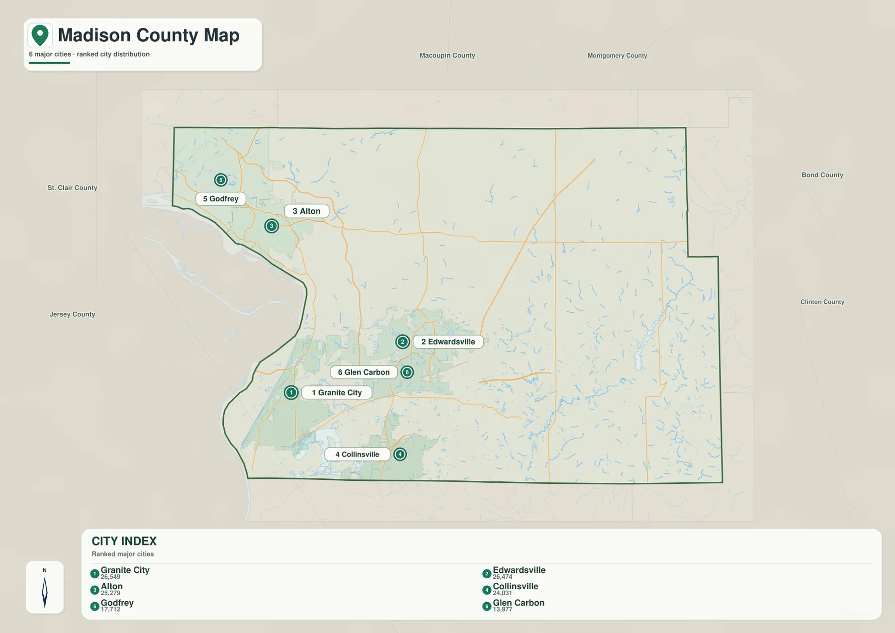 Granite City, Edwardsville, Alton, Collinsville, Godfrey, Glen Carbon의 위치와 순위를 보여 주는 Madison County 도시 지도