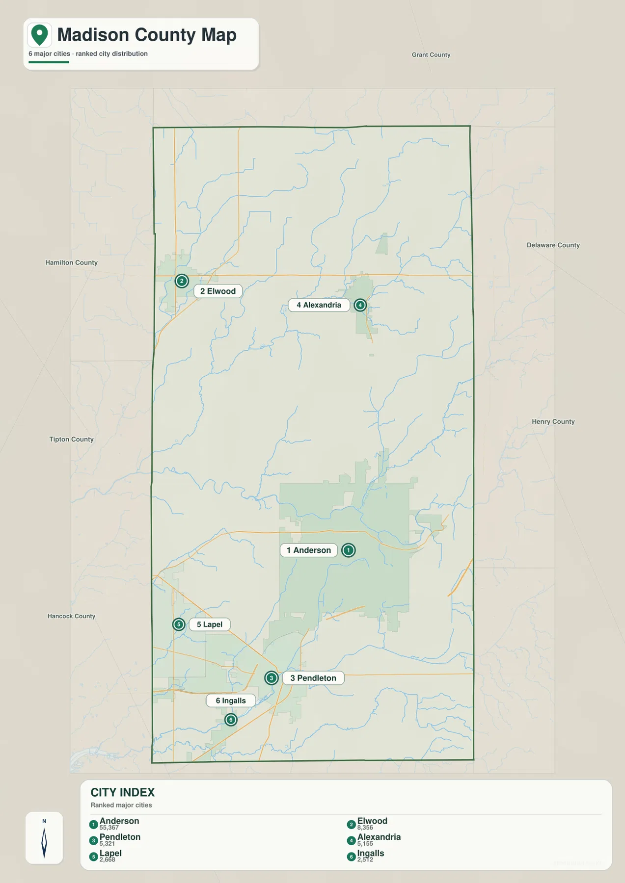 Madison County city index map ranking Anderson, Elwood, Pendleton, Alexandria, Lapel, and Ingalls