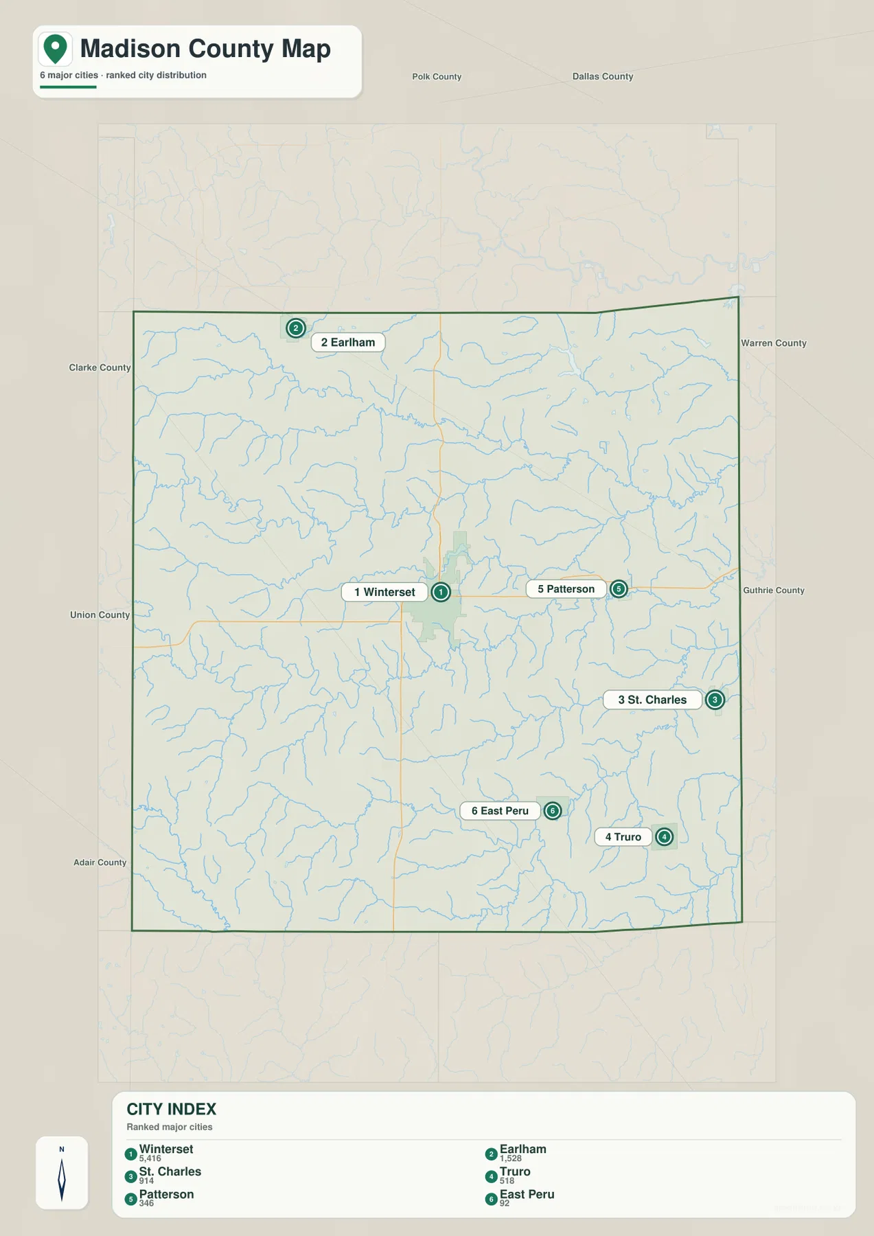 Madison County Iowa city map Winterset Earlham St Charles Truro Patterson East Peru