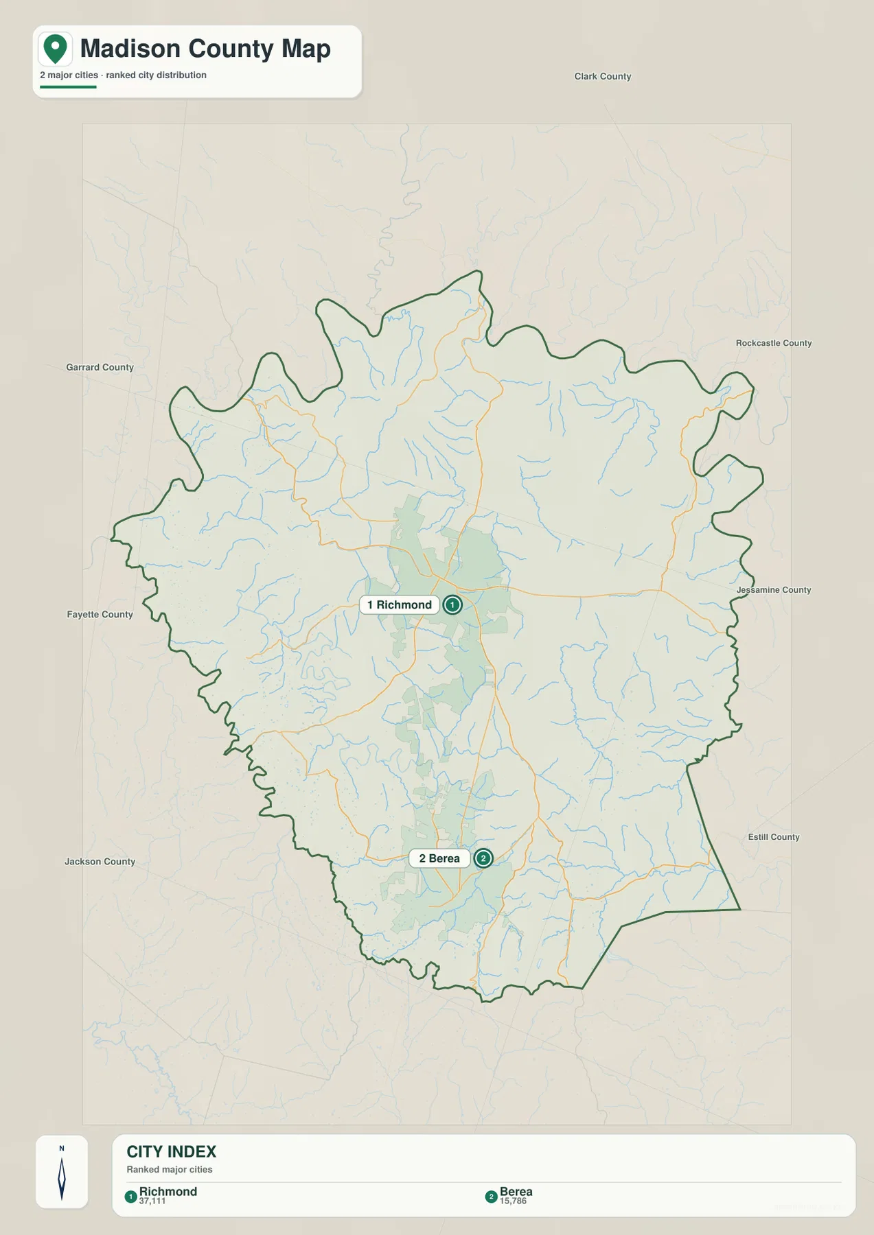 Madison County의 주요 도시 Richmond와 Berea의 위치와 순위를 보여 주는 도시 분포 지도