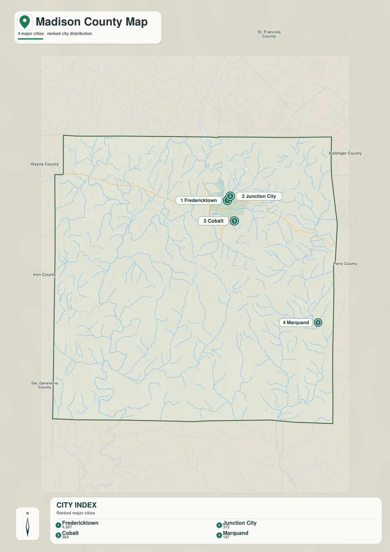 Fredericktown, Junction City, Cobalt, Marquand를 표시한 매디슨 카운티 도시 지도