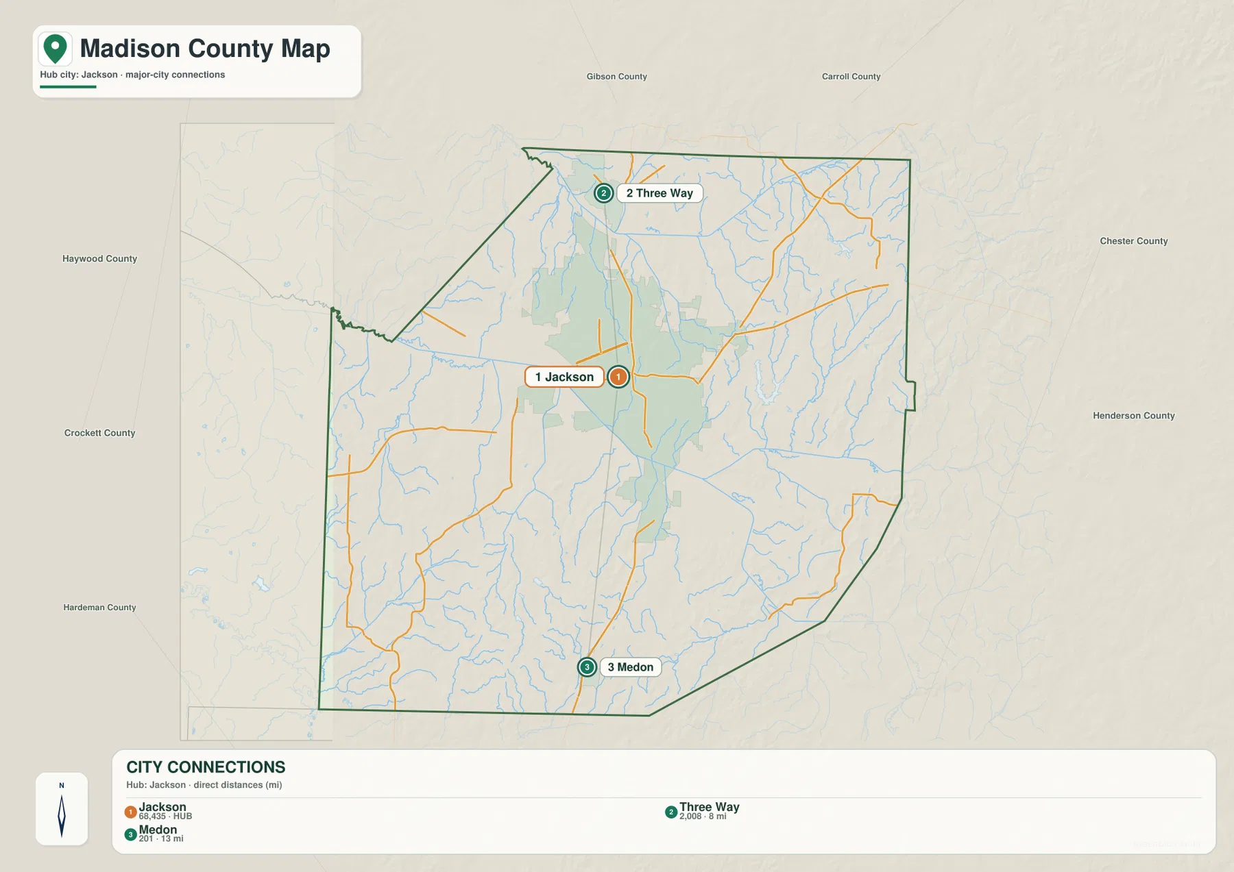 Madison County city map showing Jackson, Three Way and Medon