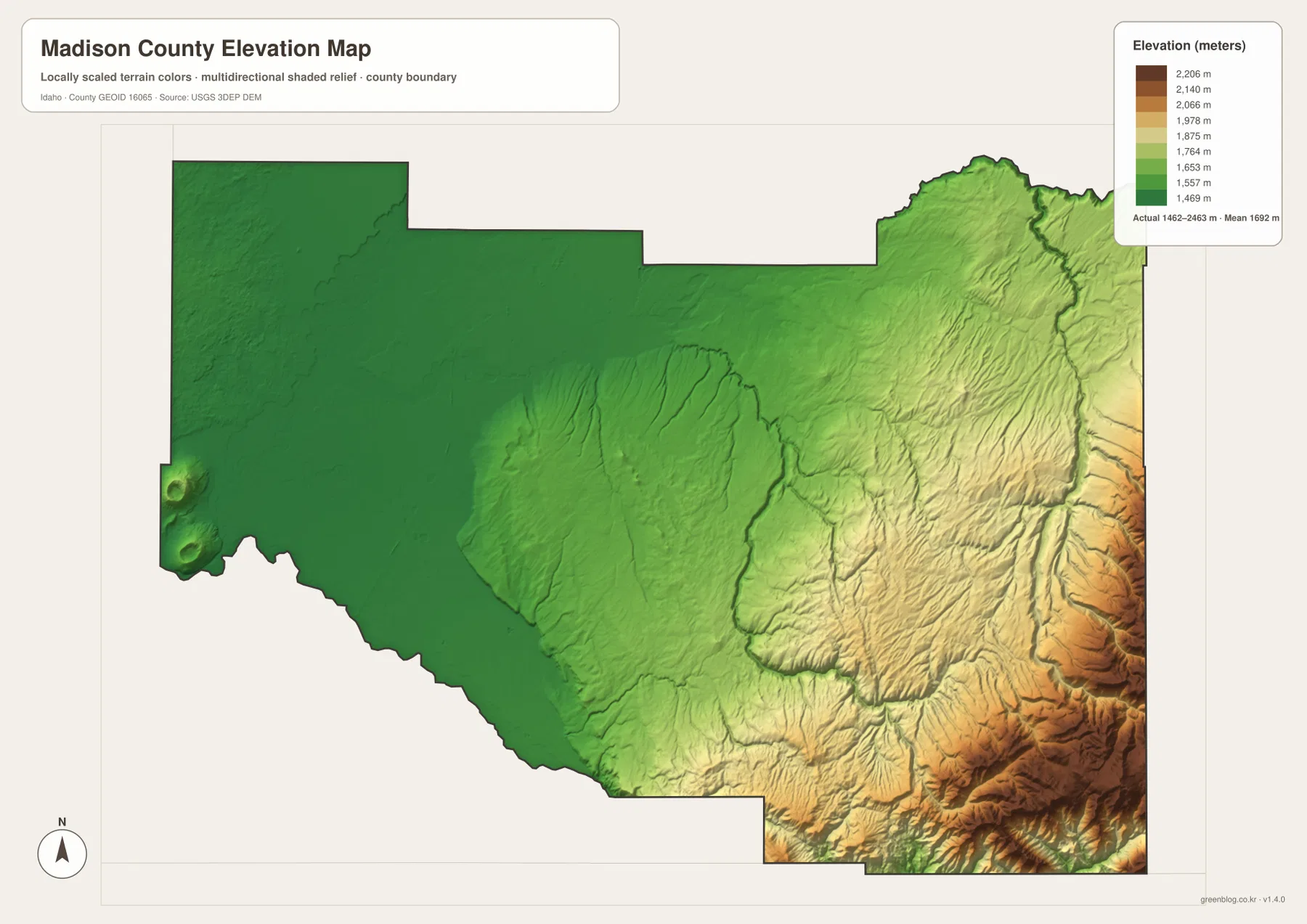 Madison County elevation map showing a 1462 to 2463 meter range and higher terrain in the east and southeast