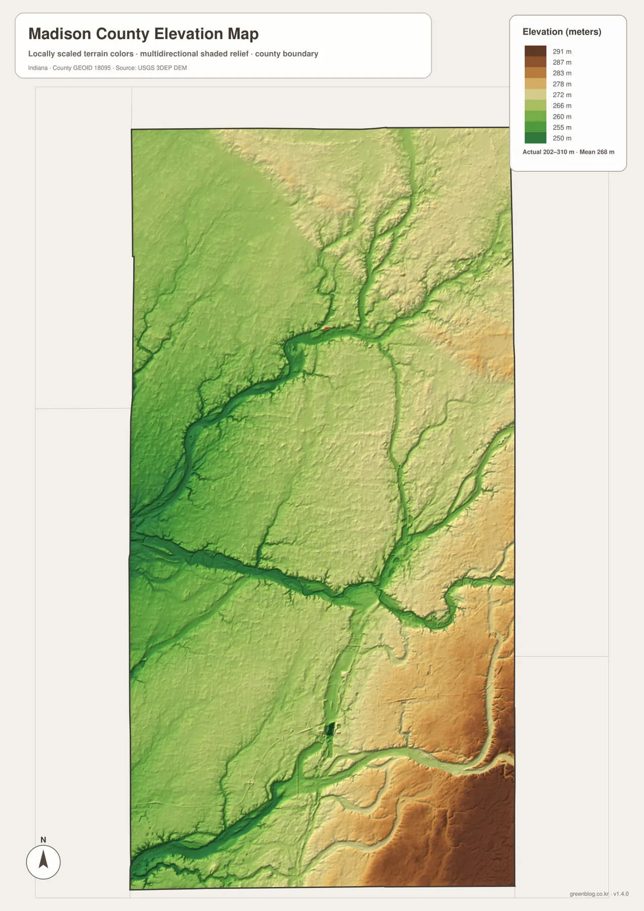 Madison County elevation map showing low green White River and creek valleys and higher yellow-brown terrain toward the east and southeast
