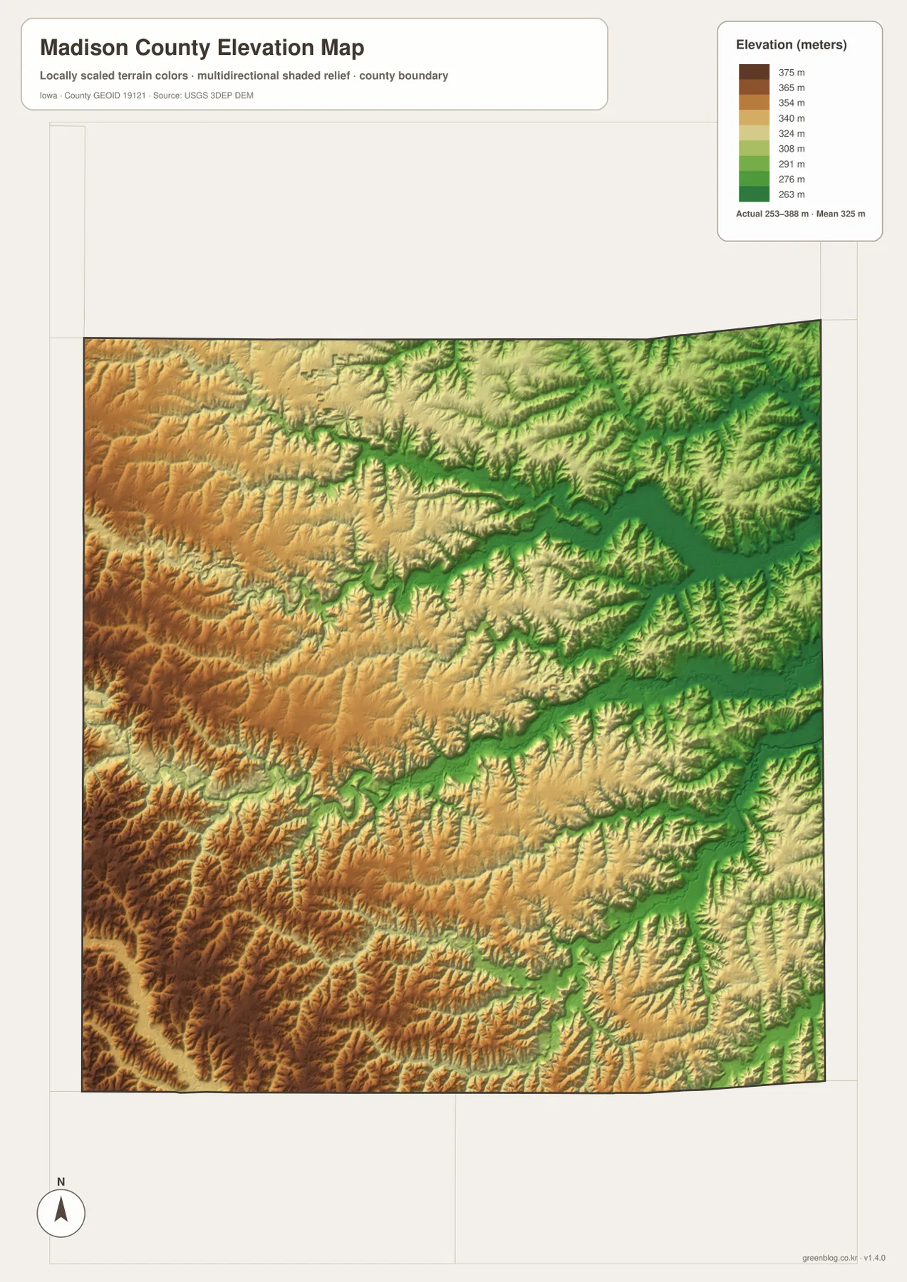 Madison County Iowa elevation map 253 388 meters North River Middle River western uplands