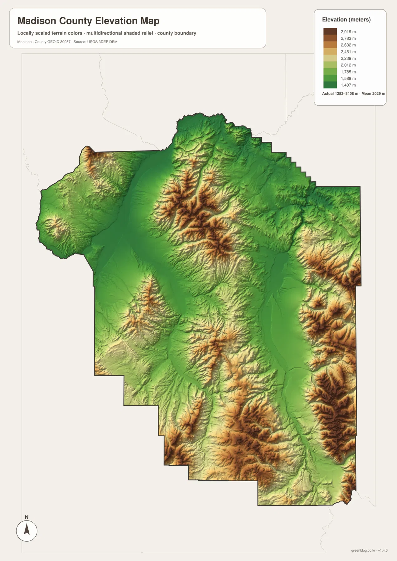 Madison County Montana elevation map showing an actual range of 1282 to 3408 meters and a mean of 2029 meters