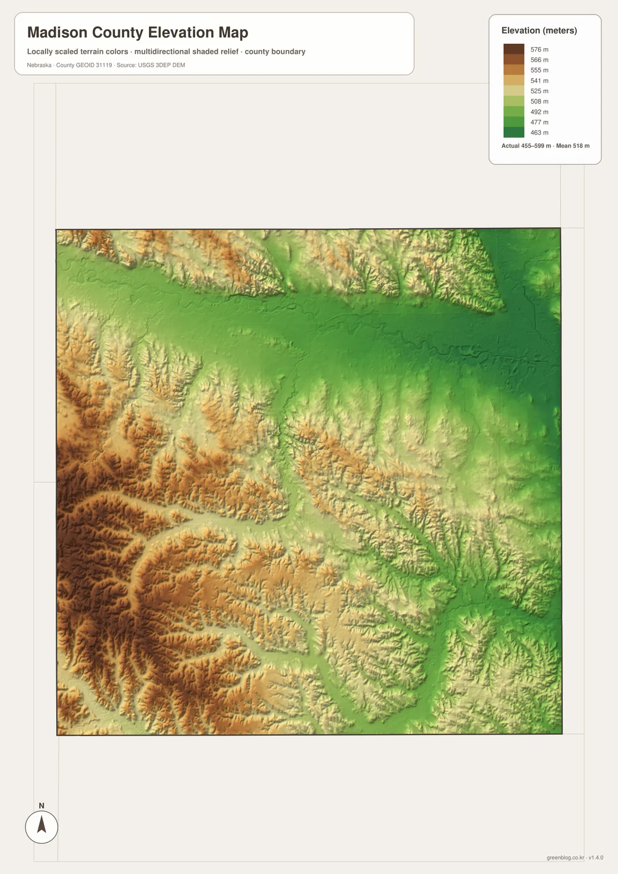 Madison County Nebraska의 455~599m 고도 범위와 높은 서부·남서부 구릉, 낮은 Norfolk·Elkhorn River 계곡을 보여 주는 지도