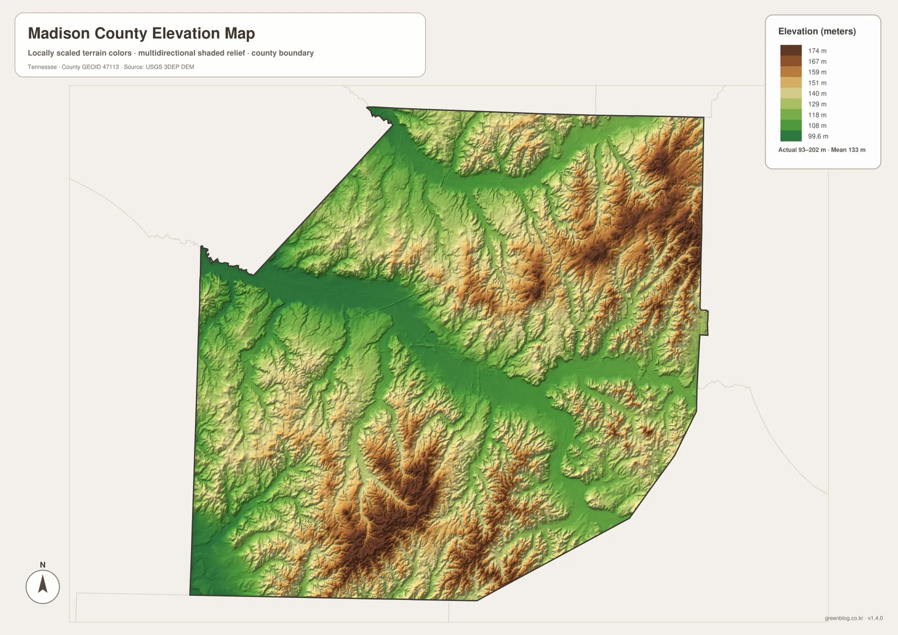 Madison County Tennessee elevation map showing terrain from about 93 to 202 meters