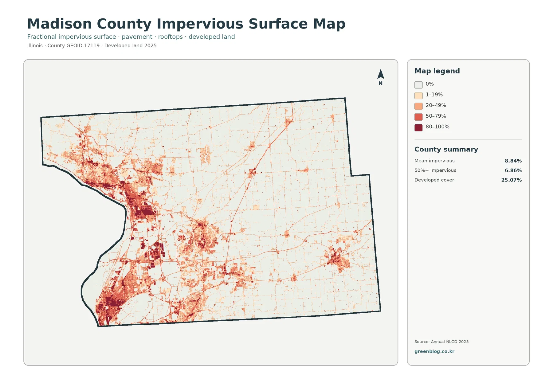 Madison County impervious surface and developed land map