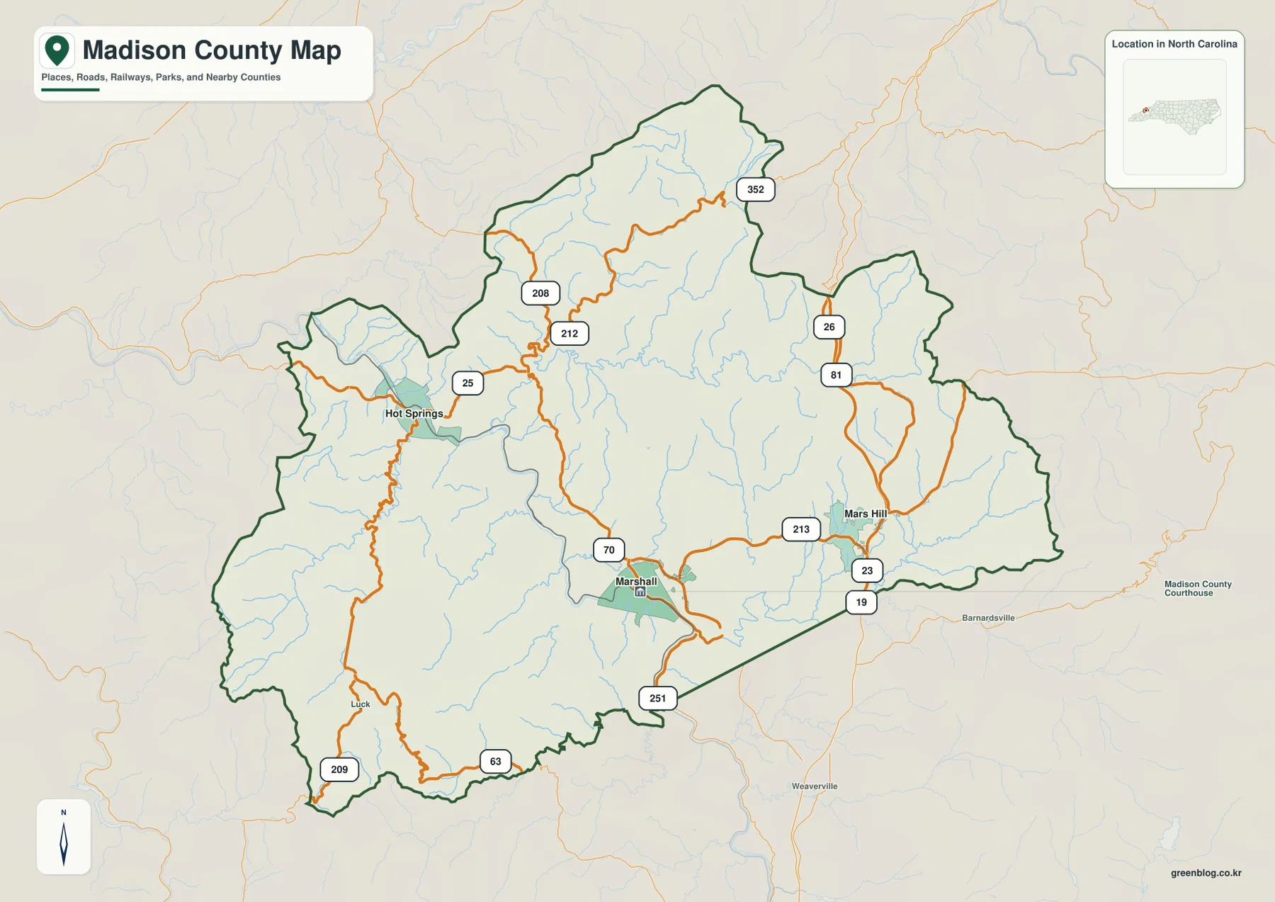 Madison County North Carolina map with Marshall Mars Hill Hot Springs roads and county boundary