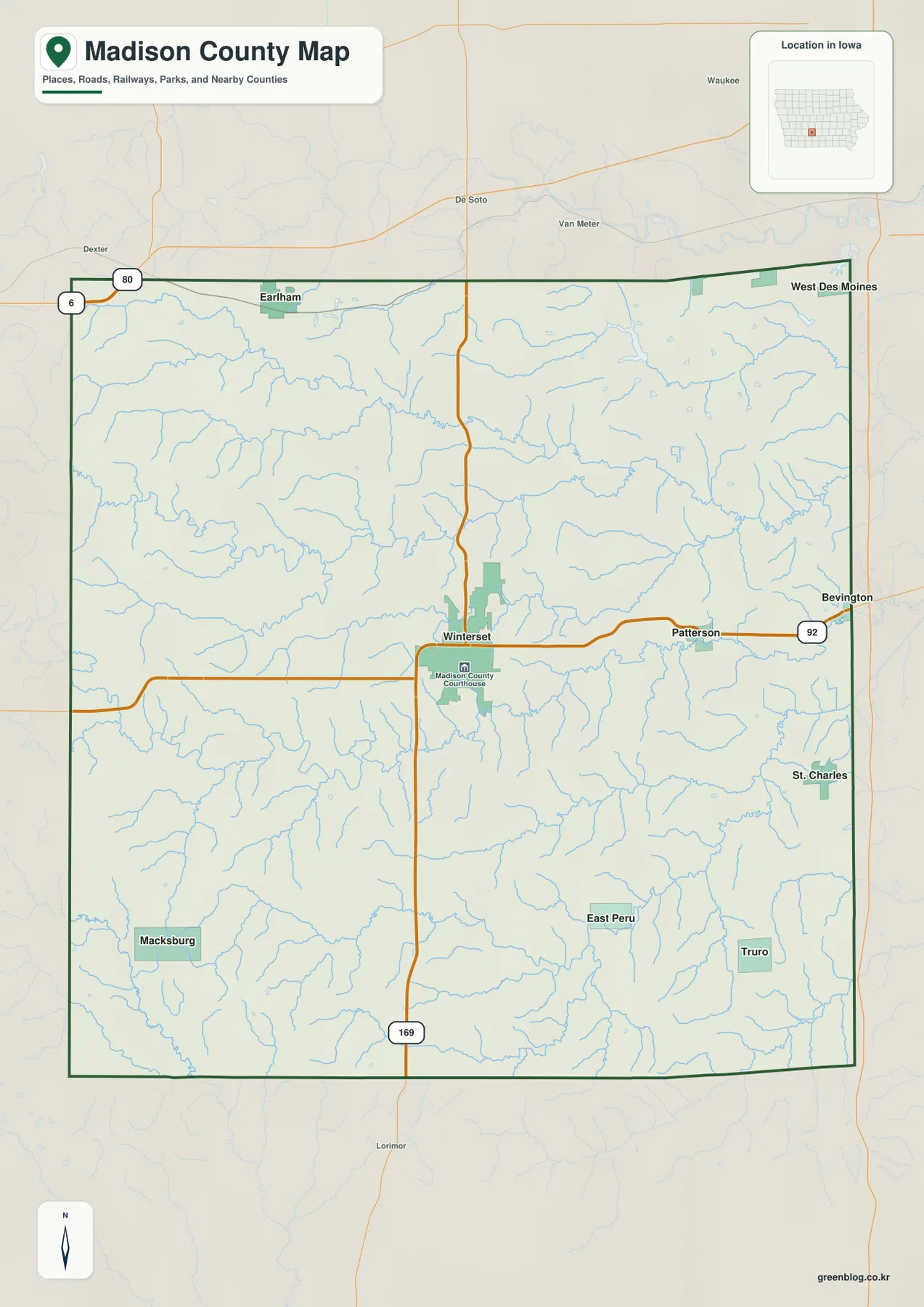 Madison County Iowa map Winterset Earlham U.S. 169 Iowa 92