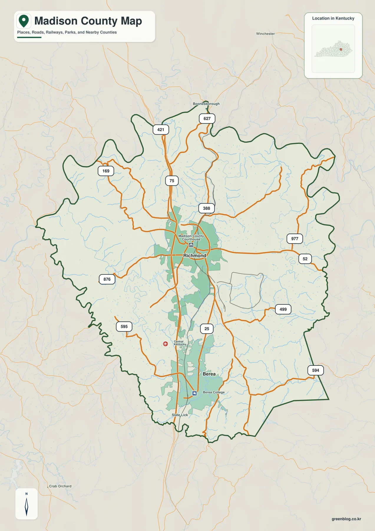 켄터키주 Madison County의 Richmond, Berea, Boonesborough, I-75와 주요 도로를 표시한 카운티 지도