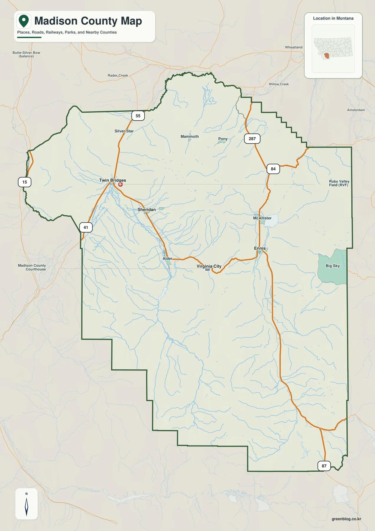 Madison County Montana map showing Twin Bridges, Sheridan, Alder, Virginia City, Route 55, and Route 41