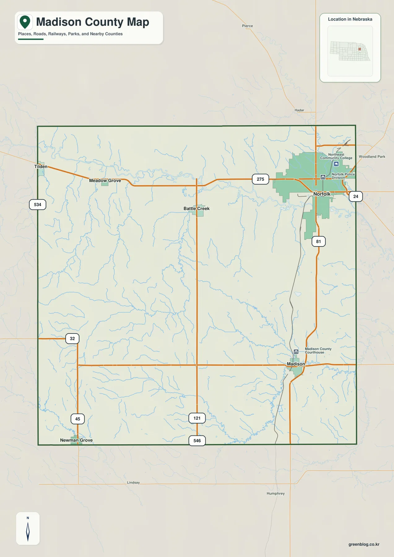 네브래스카주 Madison County의 Norfolk, Madison, Battle Creek, Tilden, Newman Grove와 U.S. 81·275를 표시한 카운티 지도