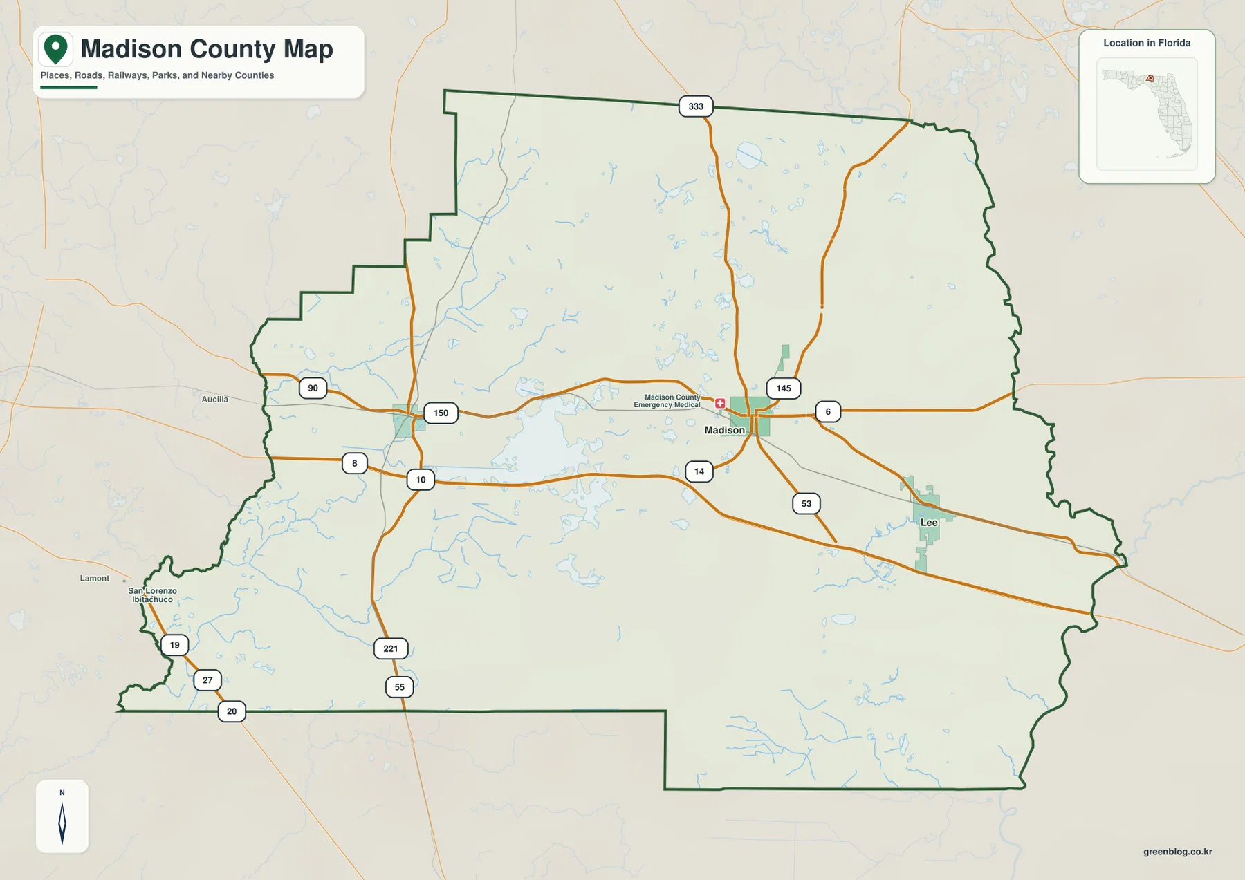 Map of Madison County Florida showing Madison, Greenville, Lee, US 90, I-10 and nearby county boundaries