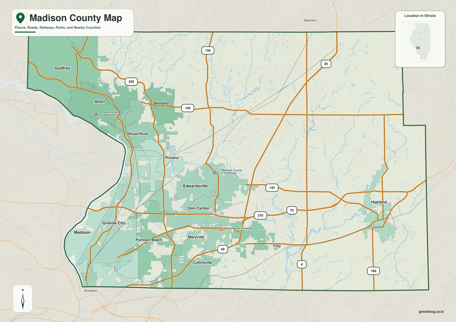 Alton, Edwardsville, Granite City, Collinsville, Troy, Highland와 주요 도로를 보여 주는 일리노이주 Madison County 지도