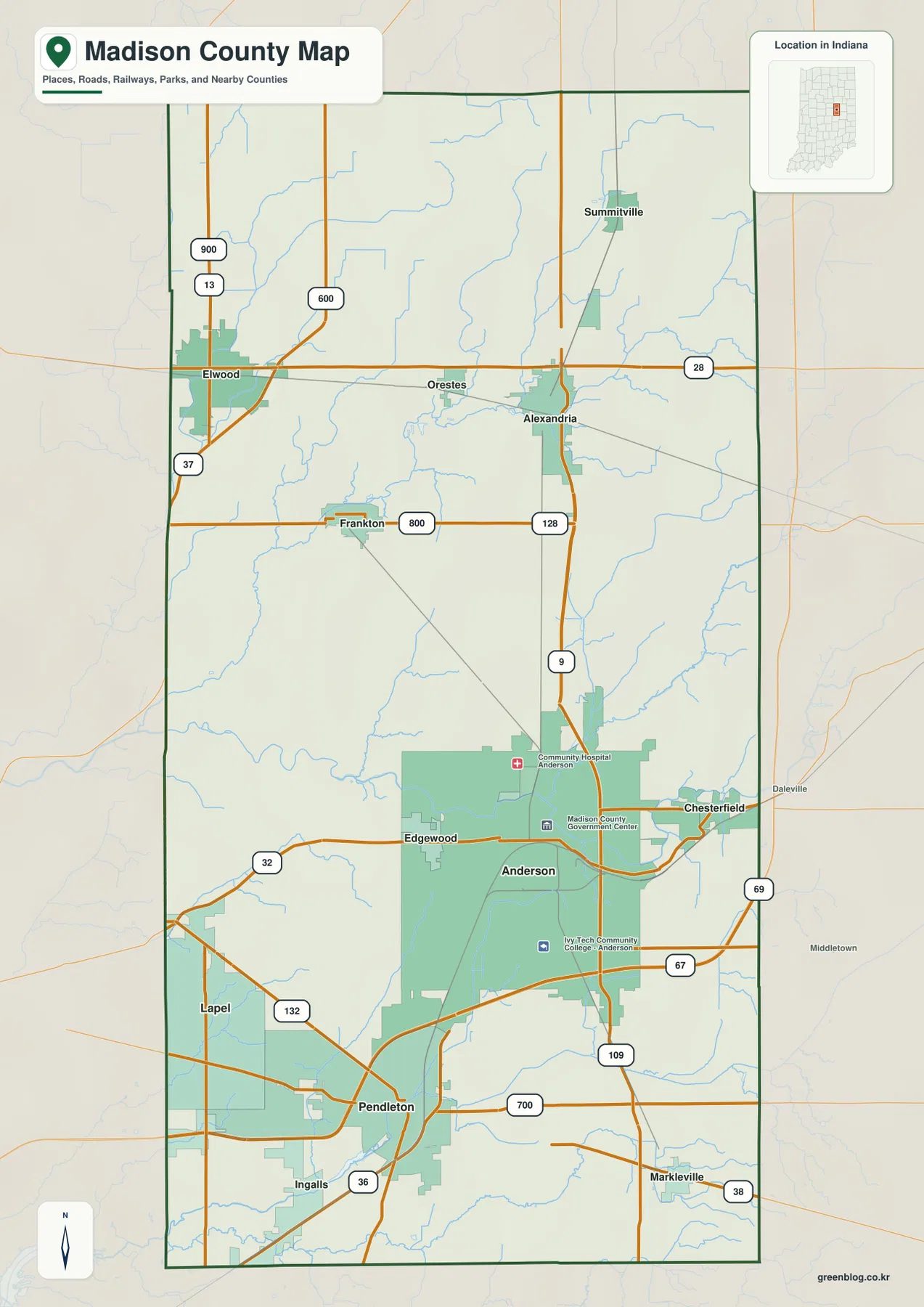 Madison County Indiana general map showing Anderson, Elwood, Alexandria, Pendleton, Lapel, Ingalls, and major roads