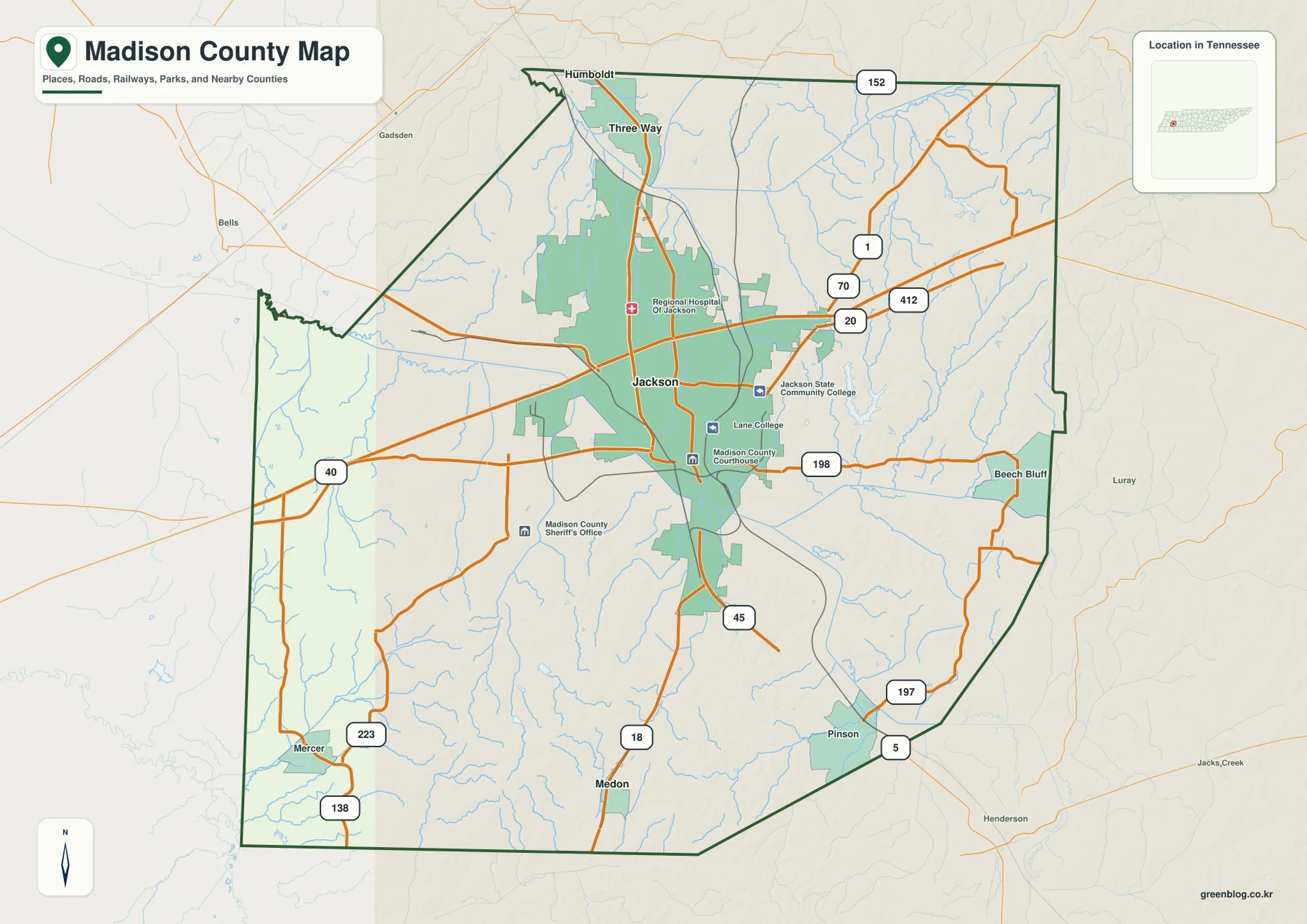 Madison County Tennessee map showing Jackson, Three Way, Medon, major roads and county boundary