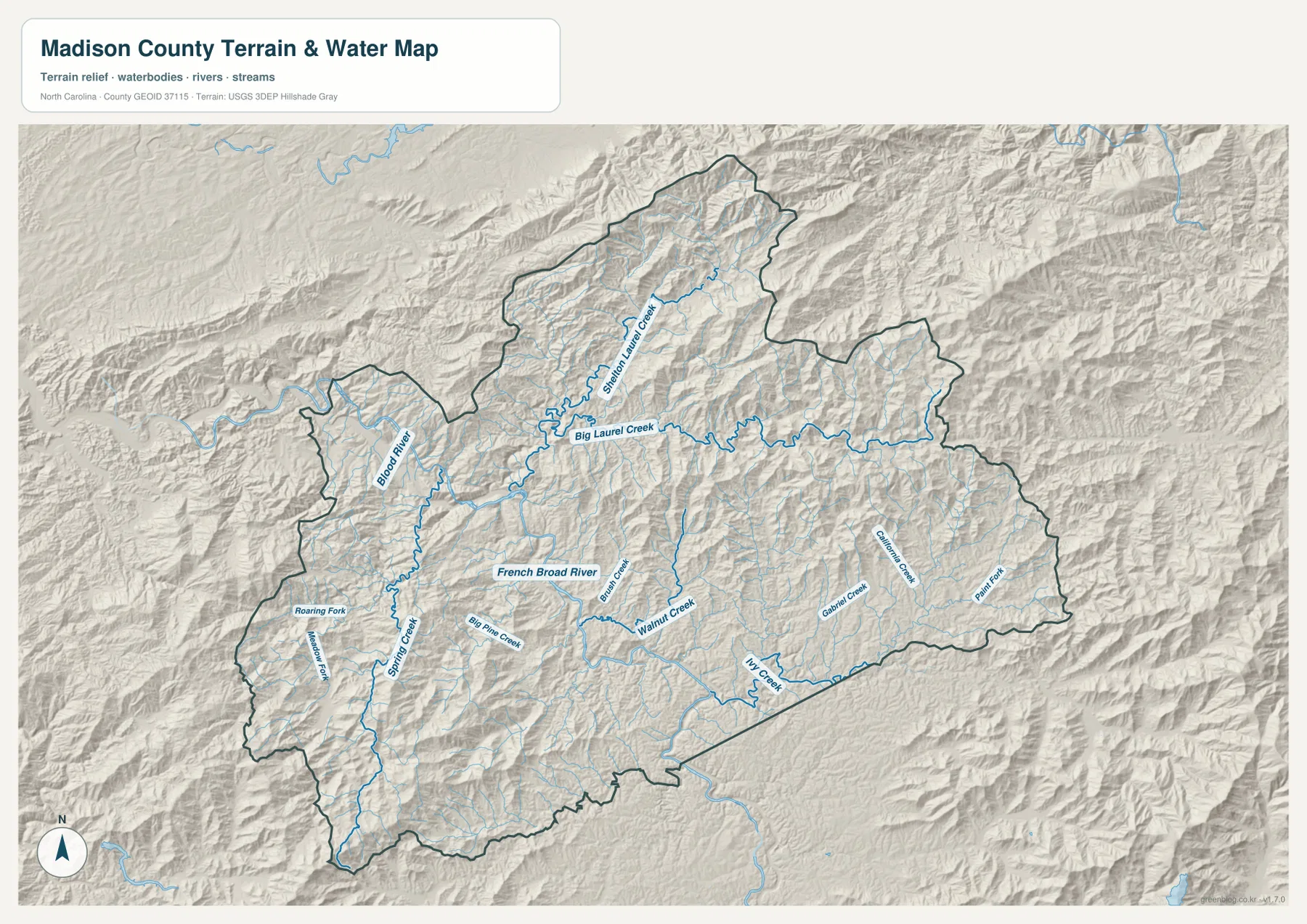 Madison County terrain and water map with French Broad River Big Laurel Creek Walnut Creek and Ivy Creek