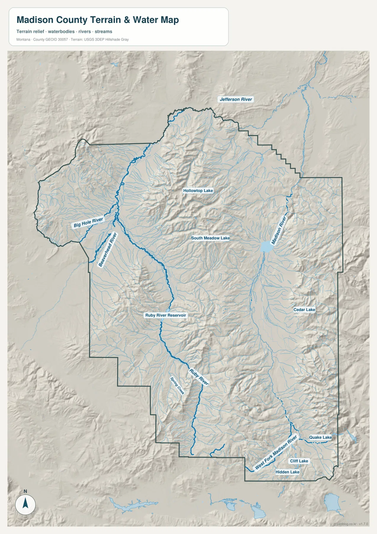 Madison County terrain and water map showing Big Hole River, Beaverhead River, Jefferson River, Ruby River, Madison River, and major lakes