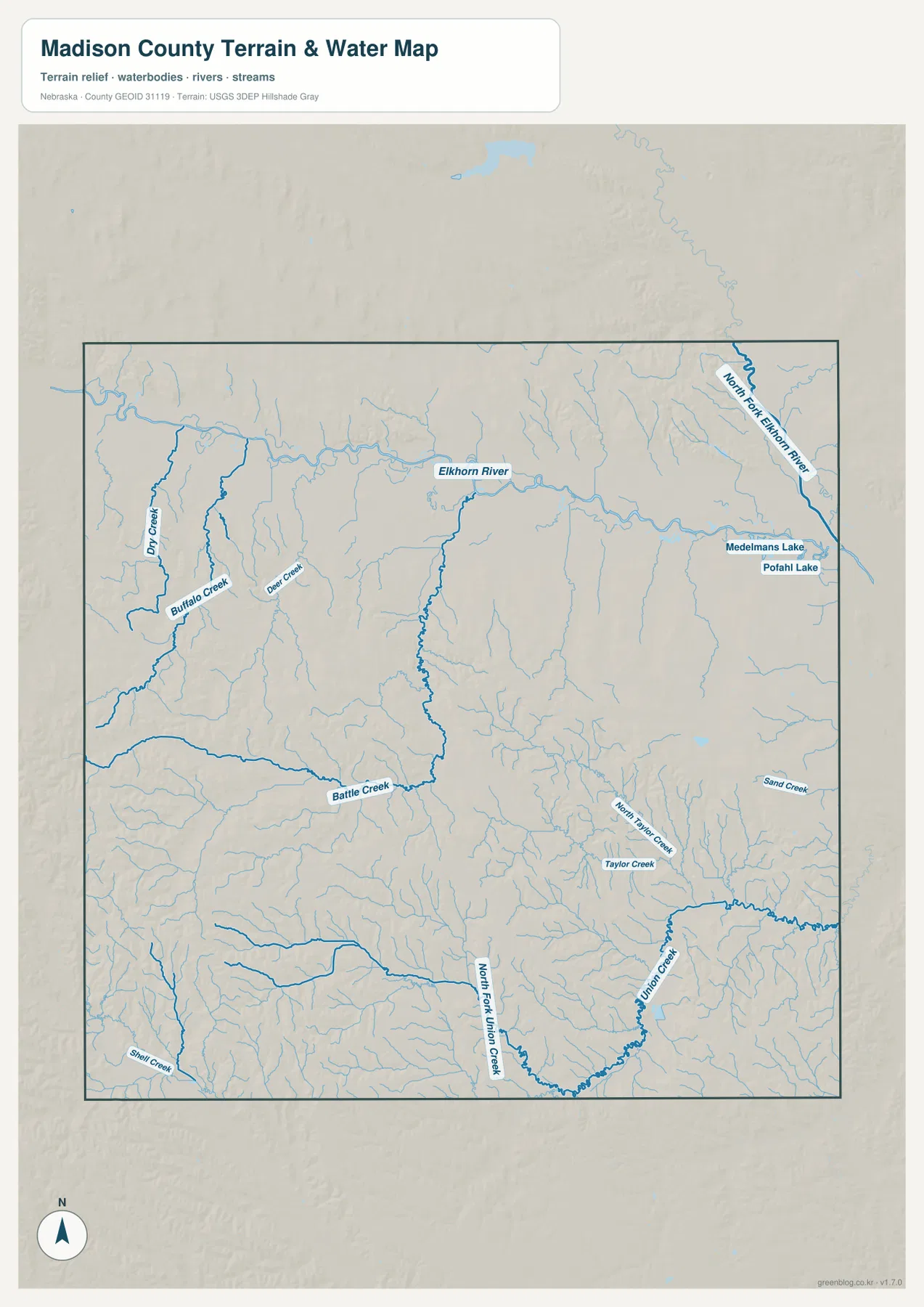Madison County의 Elkhorn River, North Fork Elkhorn River, Battle Creek, Union Creek, Buffalo Creek와 작은 호수를 표시한 수역 지형 지도
