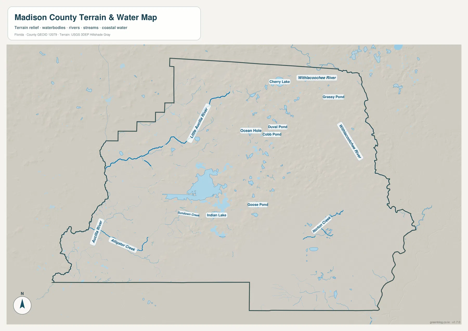 Madison County Florida water map showing the Withlacoochee River, Aucilla River, Cherry Lake, ponds and creeks