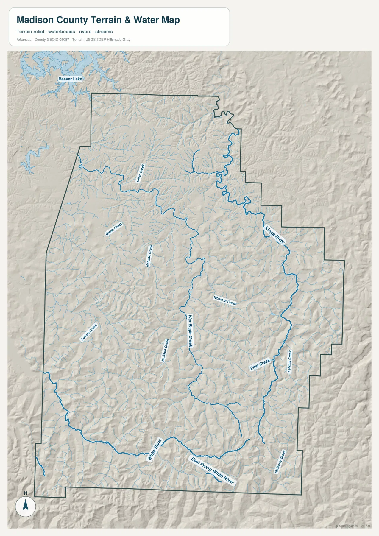 Kings River, War Eagle Creek, White River, East Prong White River와 여러 하천을 표시한 매디슨 카운티 수역 지형 지도