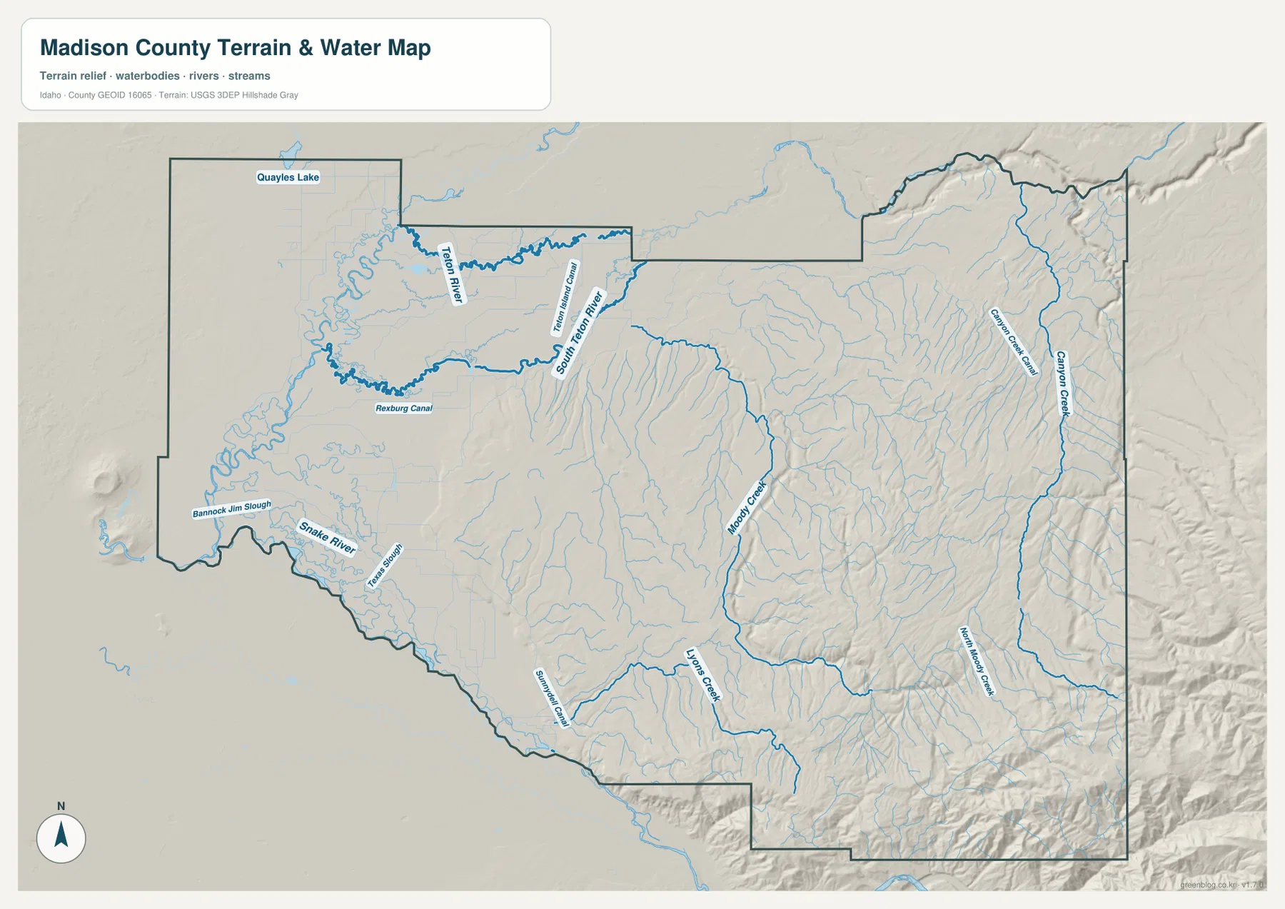 Madison County terrain and water map showing Teton River, Snake River, Rexburg Canal, Moody Creek, and Canyon Creek