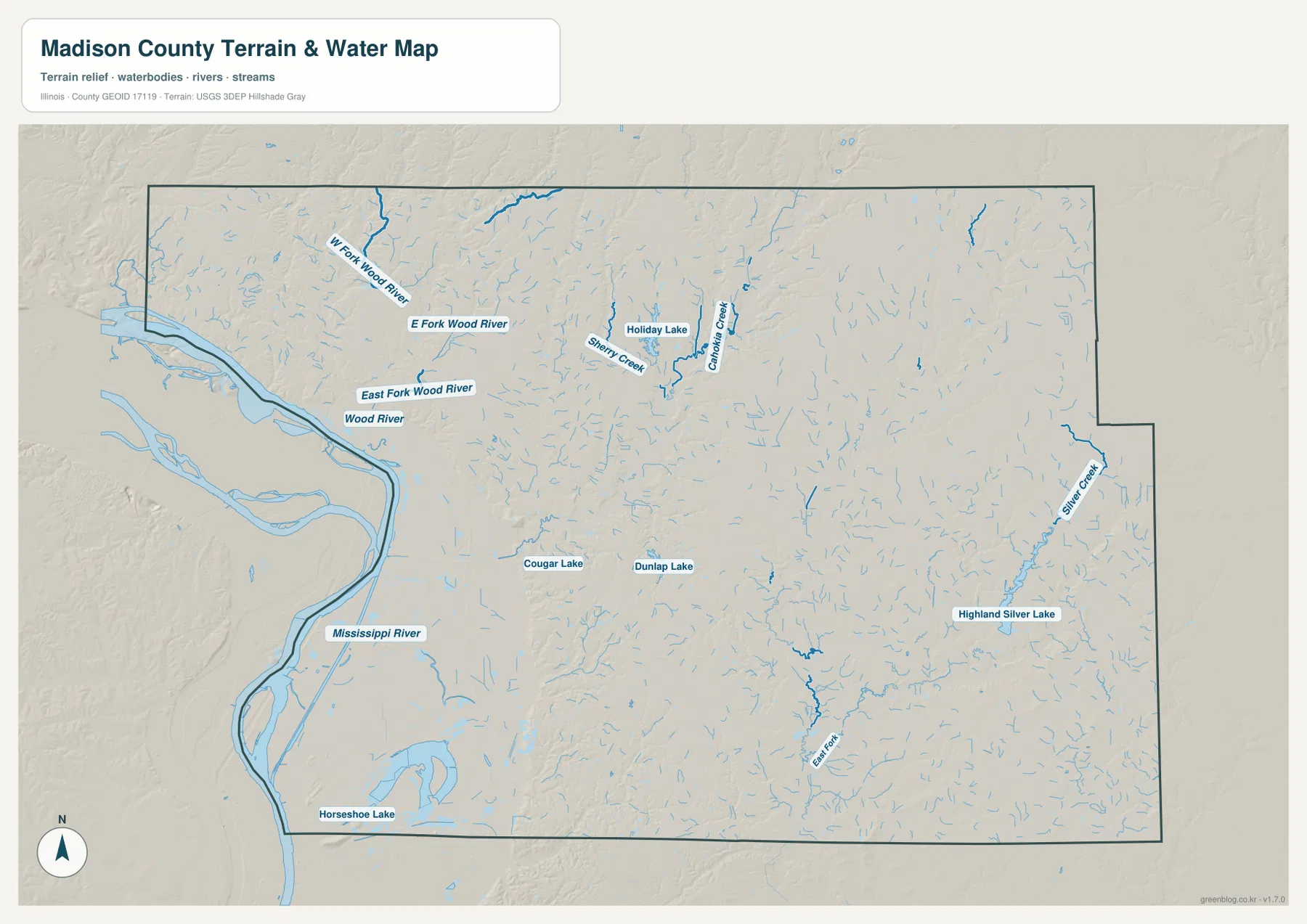 Mississippi River, Wood River, Cahokia Creek, Silver Creek, Horseshoe Lake와 여러 호수를 보여 주는 Madison County 수역 지도