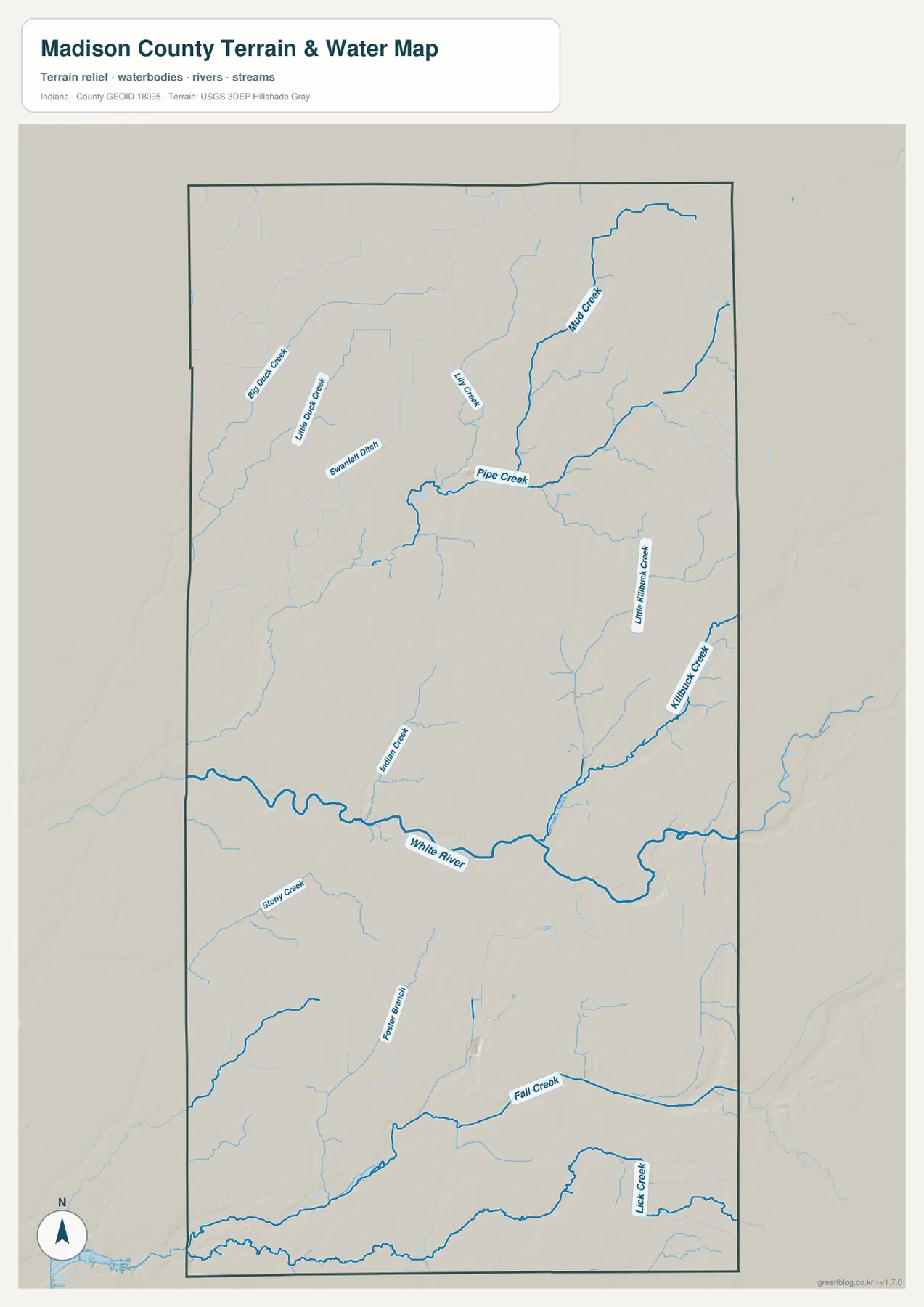 Madison County terrain and water map showing White River, Pipe Creek, Mud Creek, Killbuck Creek, Little Killbuck Creek, and Fall Creek