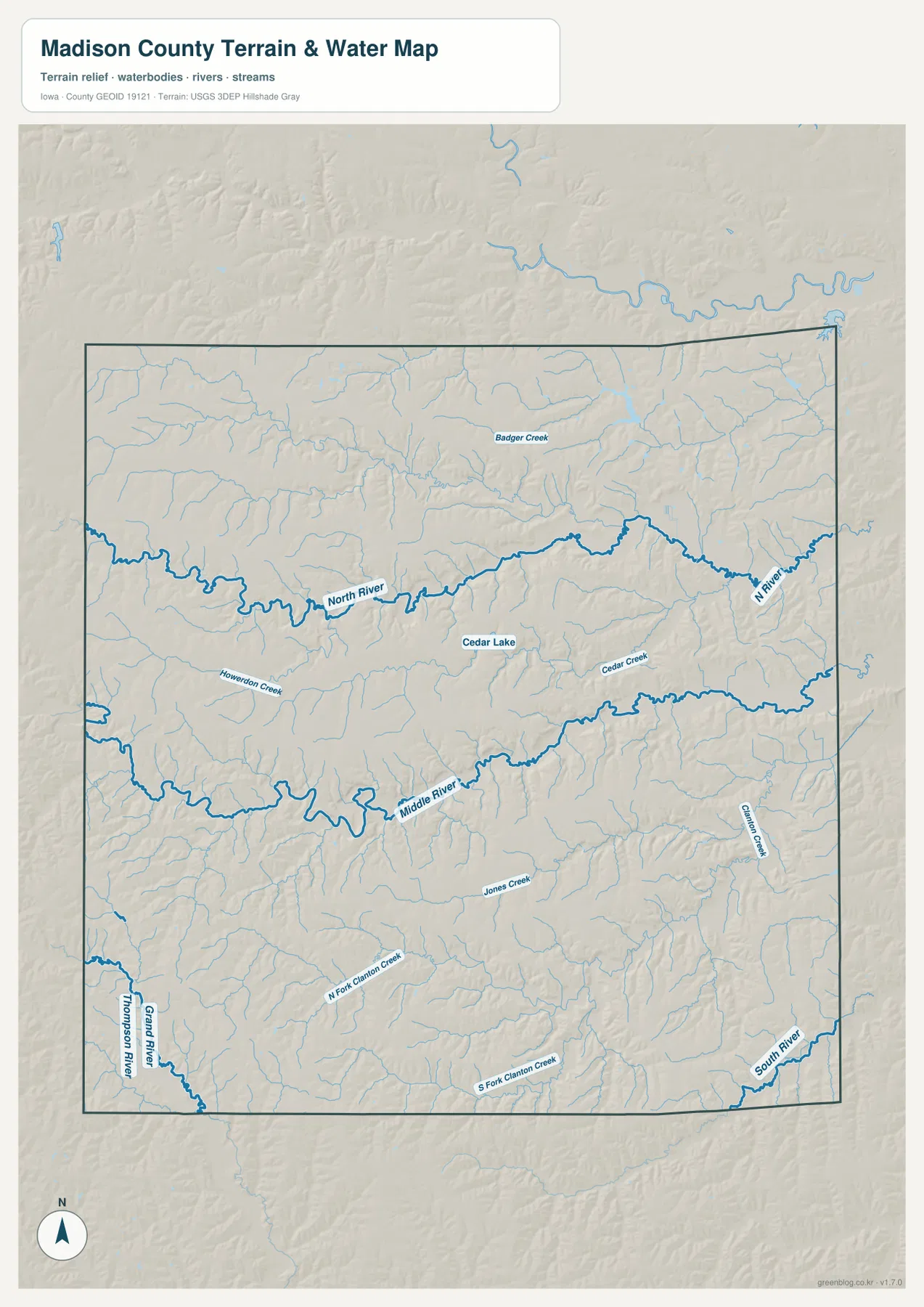Madison County Iowa water map North River Middle River South River Cedar Lake