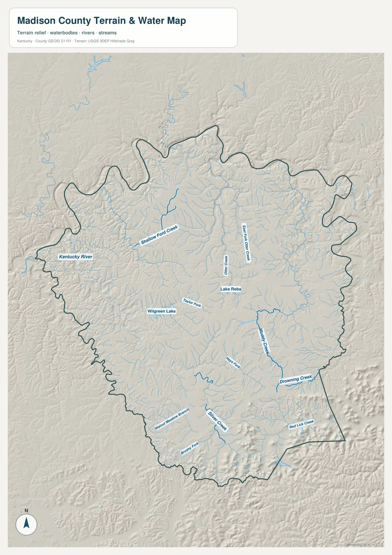 Madison County의 Kentucky River, Shallow Ford Creek, Otter Creek, Lake Reba, Wilgreen Lake, Muddy Creek, Drowning Creek 등을 표시한 수역 지도