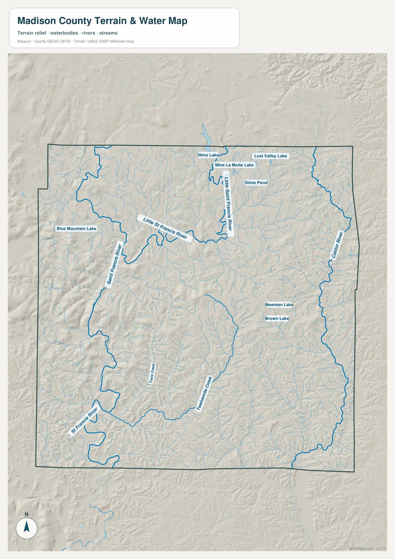 St. Francis River, Little St. Francis River, Castor River와 여러 호수를 표시한 매디슨 카운티 수역 지도