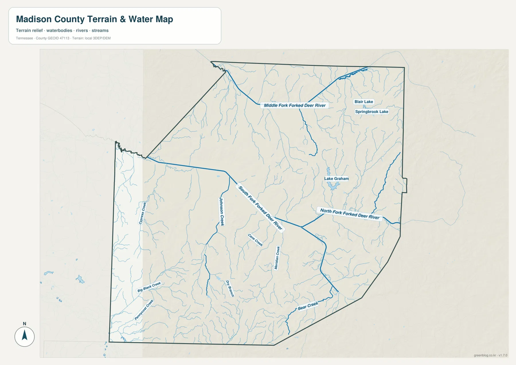 Madison County Tennessee water map showing Middle Fork, North Fork and South Fork Forked Deer River