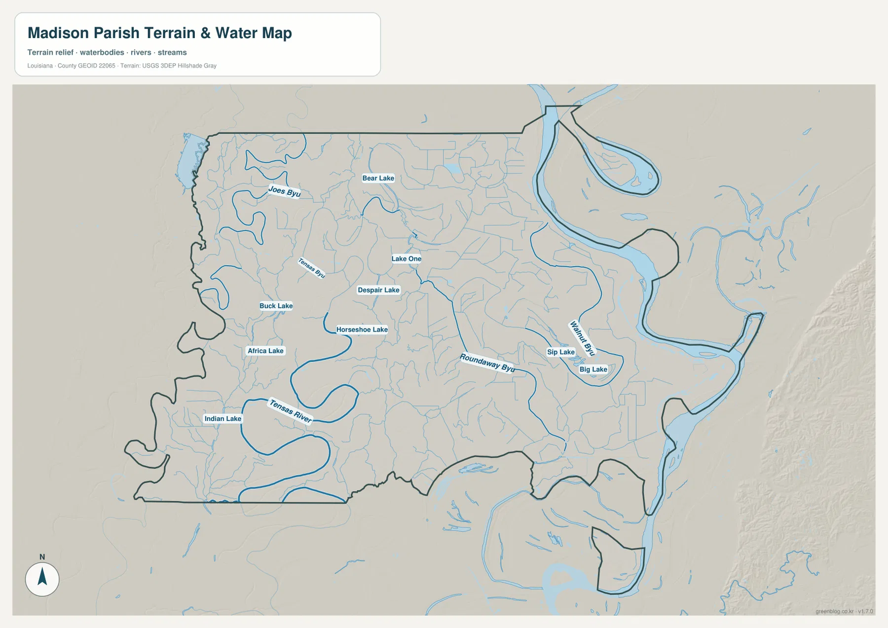 Mississippi River, Tensas River, Tensas Bayou, Roundaway Bayou, Walnut Bayou와 여러 호수를 보여 주는 Madison Parish 수역 지도