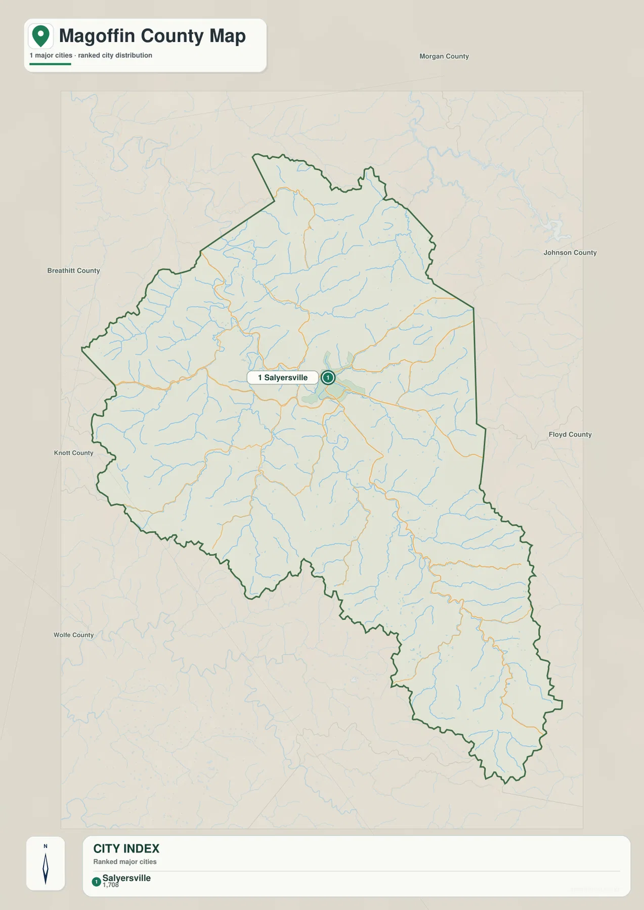 Magoffin County city distribution map showing Salyersville and neighboring Morgan, Johnson, Floyd, Knott, Breathitt, and Wolfe counties