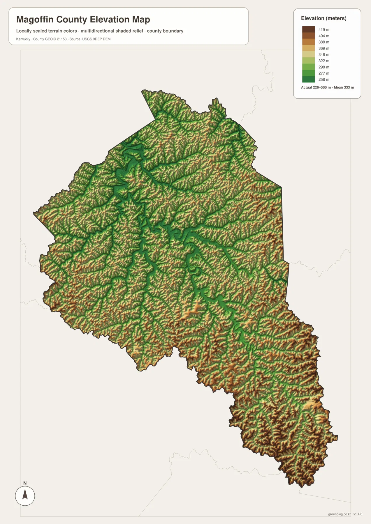 Magoffin County elevation map showing the 226 to 500 meter range, lower Licking River valleys, and closely spaced higher ridges
