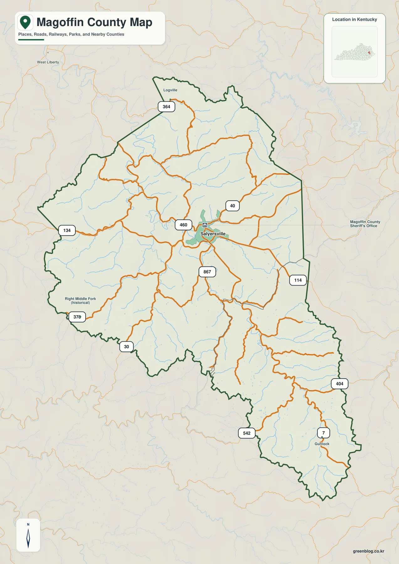 Magoffin County Kentucky map showing Salyersville, Logville, Gunlock, routes 460, 40, 114, and other major roads