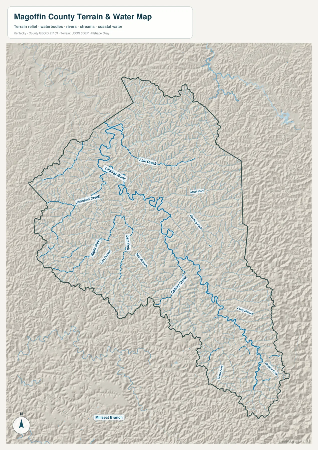 Magoffin County terrain and water map showing the Licking River, Lick Creek, Johnson Creek, Left Fork, Right Fork, Oakley Creek, Long Branch, Trace Fork, and other tributaries