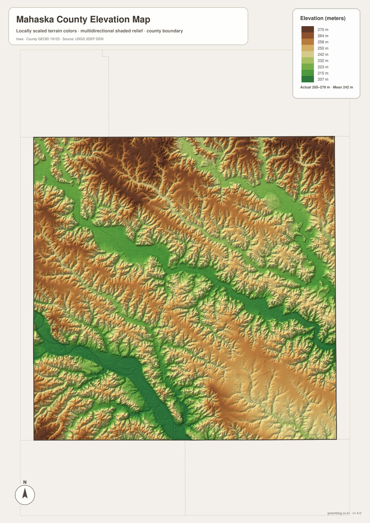 Mahaska County Iowa 200 279m 고도 South Skunk River Des Moines River 지도