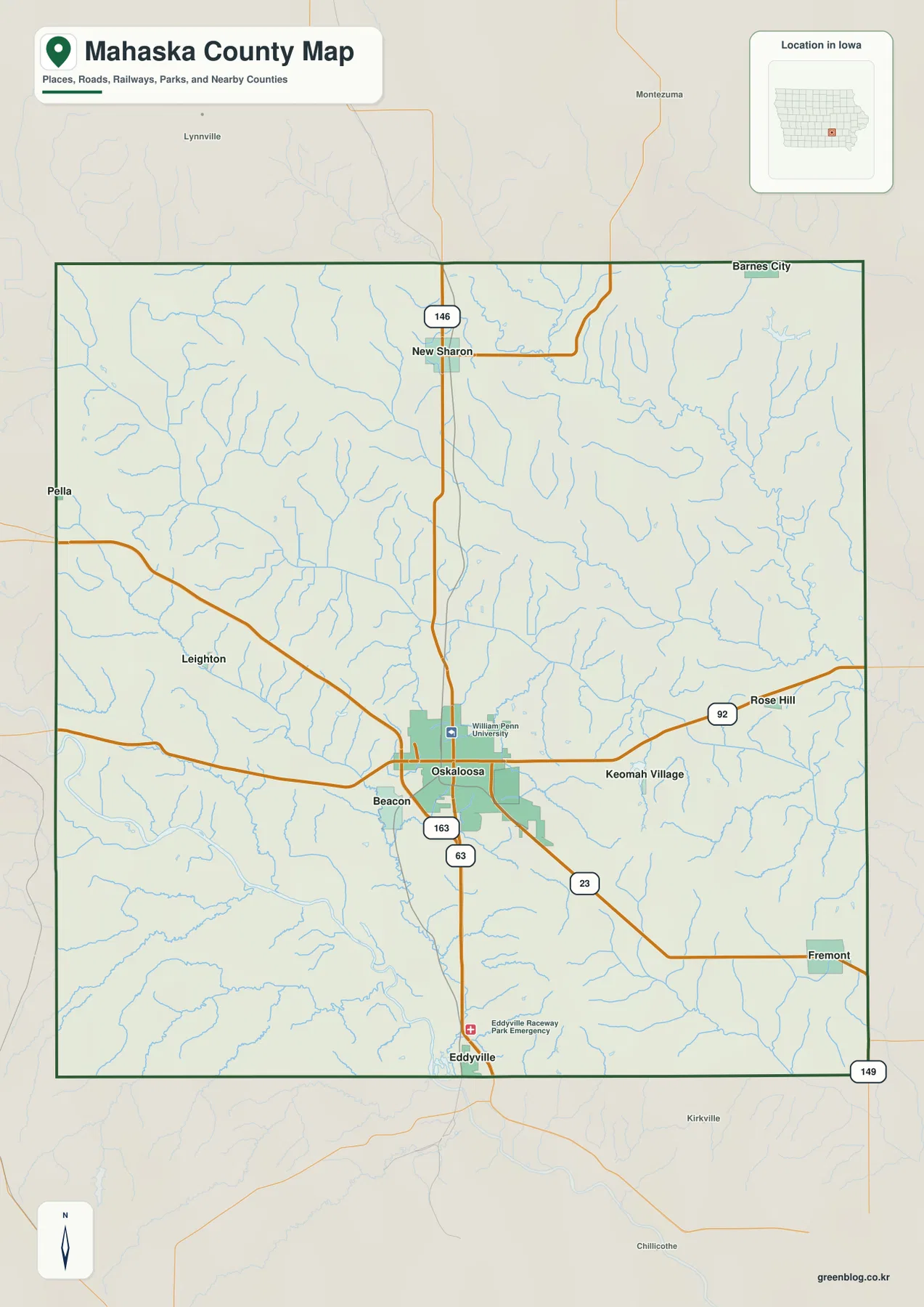아이오와주 Mahaska County Oskaloosa New Sharon Iowa 92 Iowa 163 지도