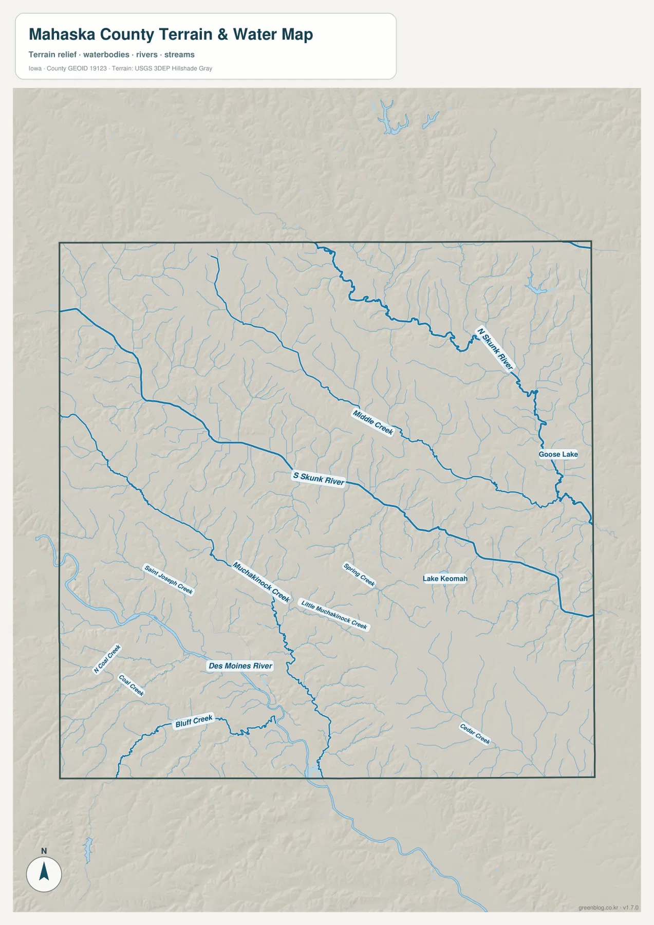 Mahaska County Iowa North Skunk River South Skunk River Des Moines River 물 지형 지도