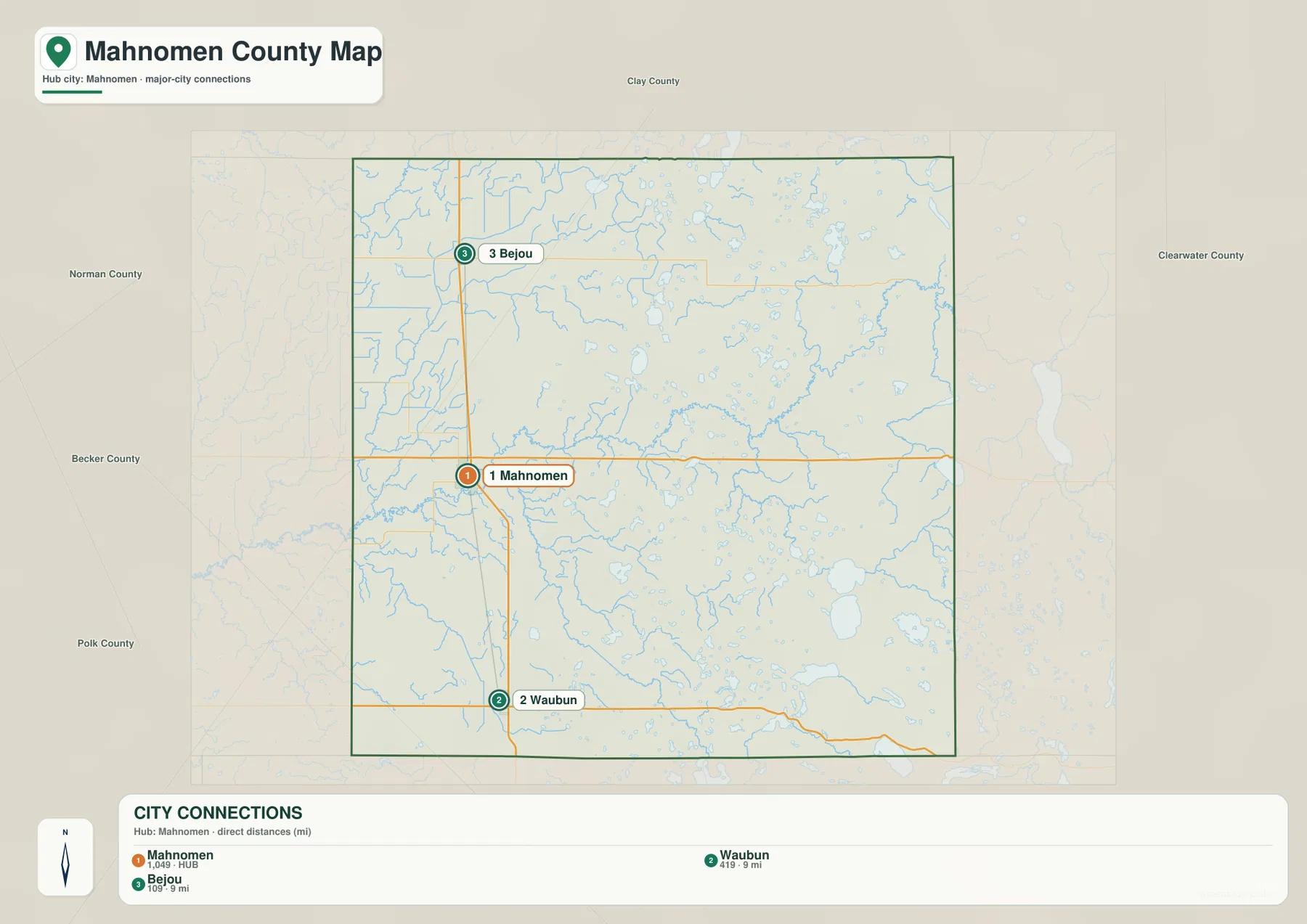 Mahnomen County 도시 연결 지도에 Mahnomen, Waubun, Bejou와 주변 카운티가 표시된 모습