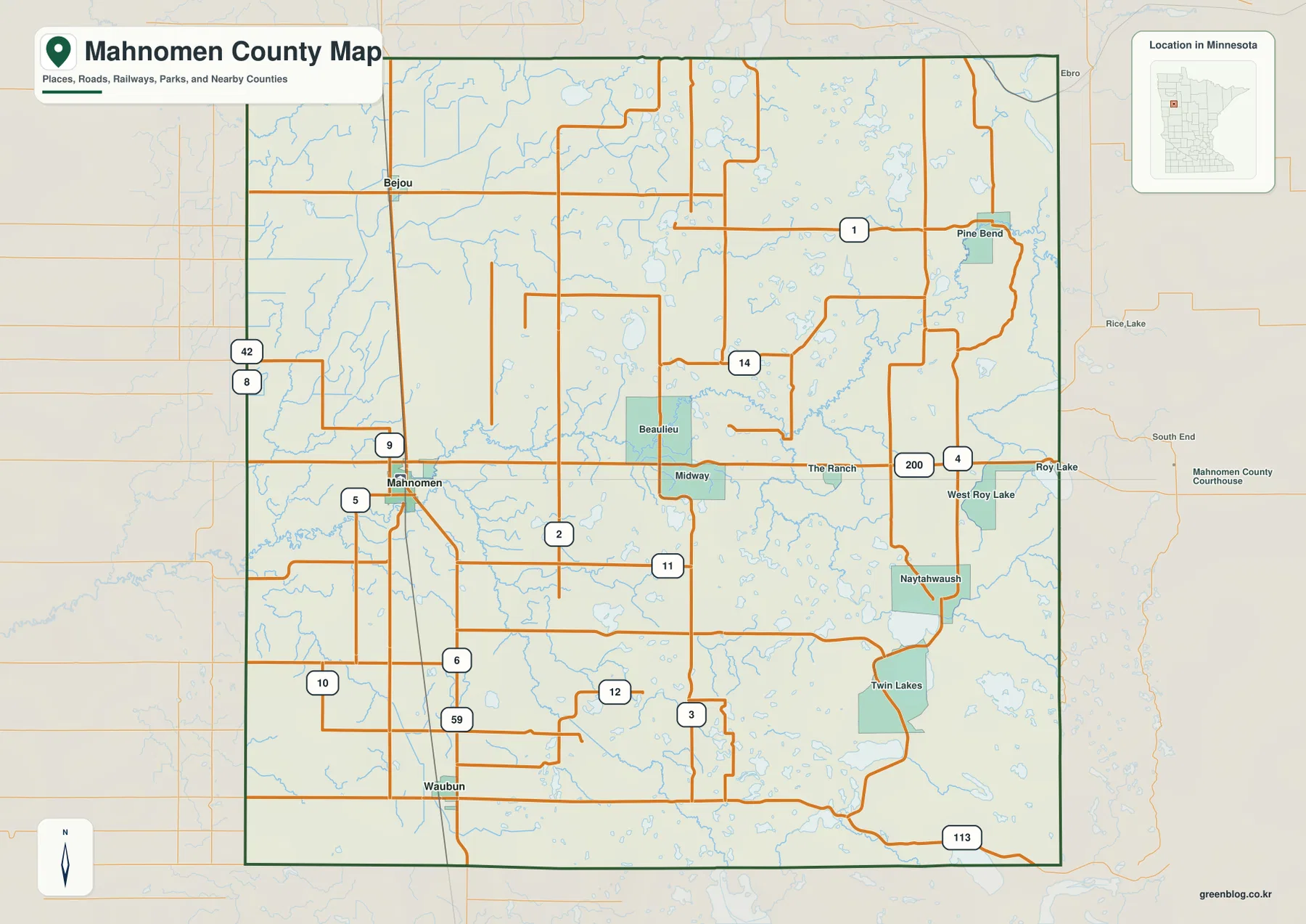 Mahnomen County Minnesota 카운티 지도에 Mahnomen, Waubun, Bejou, 주요 도로와 주변 지명이 표시된 모습