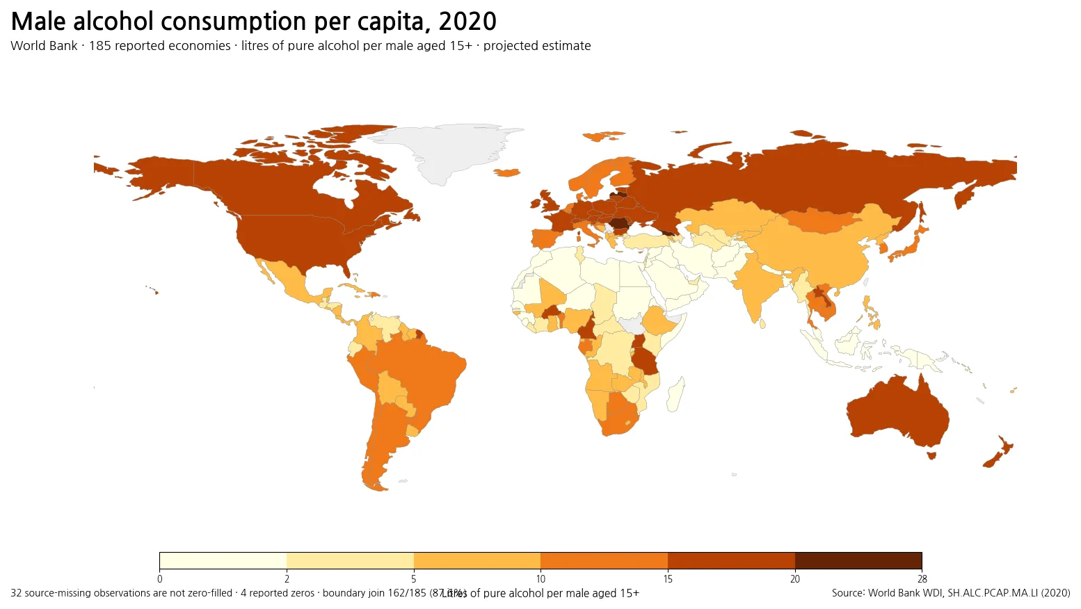 World map of male alcohol consumption per capita in 2020