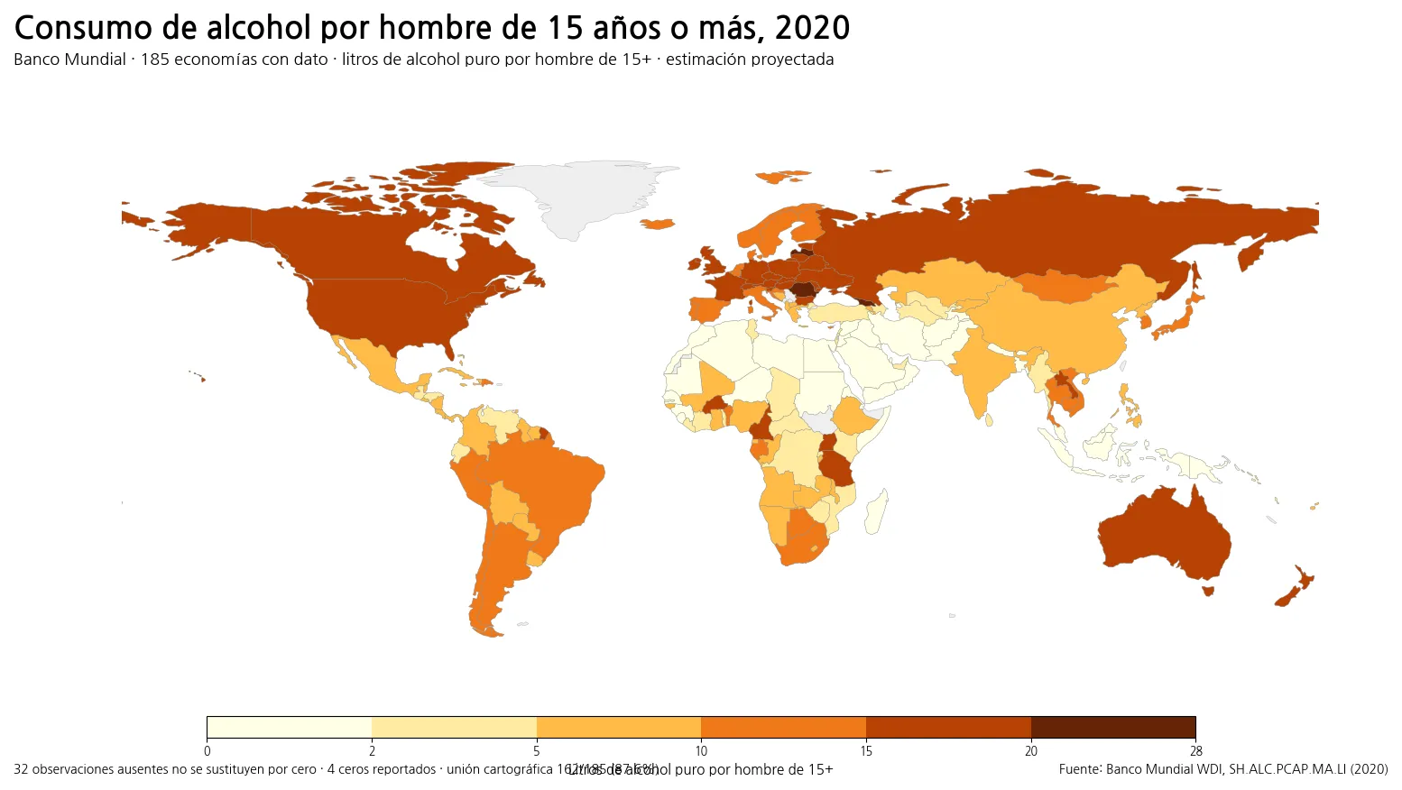 Mapa mundial del consumo de alcohol por hombre de 15 años o más en 2020