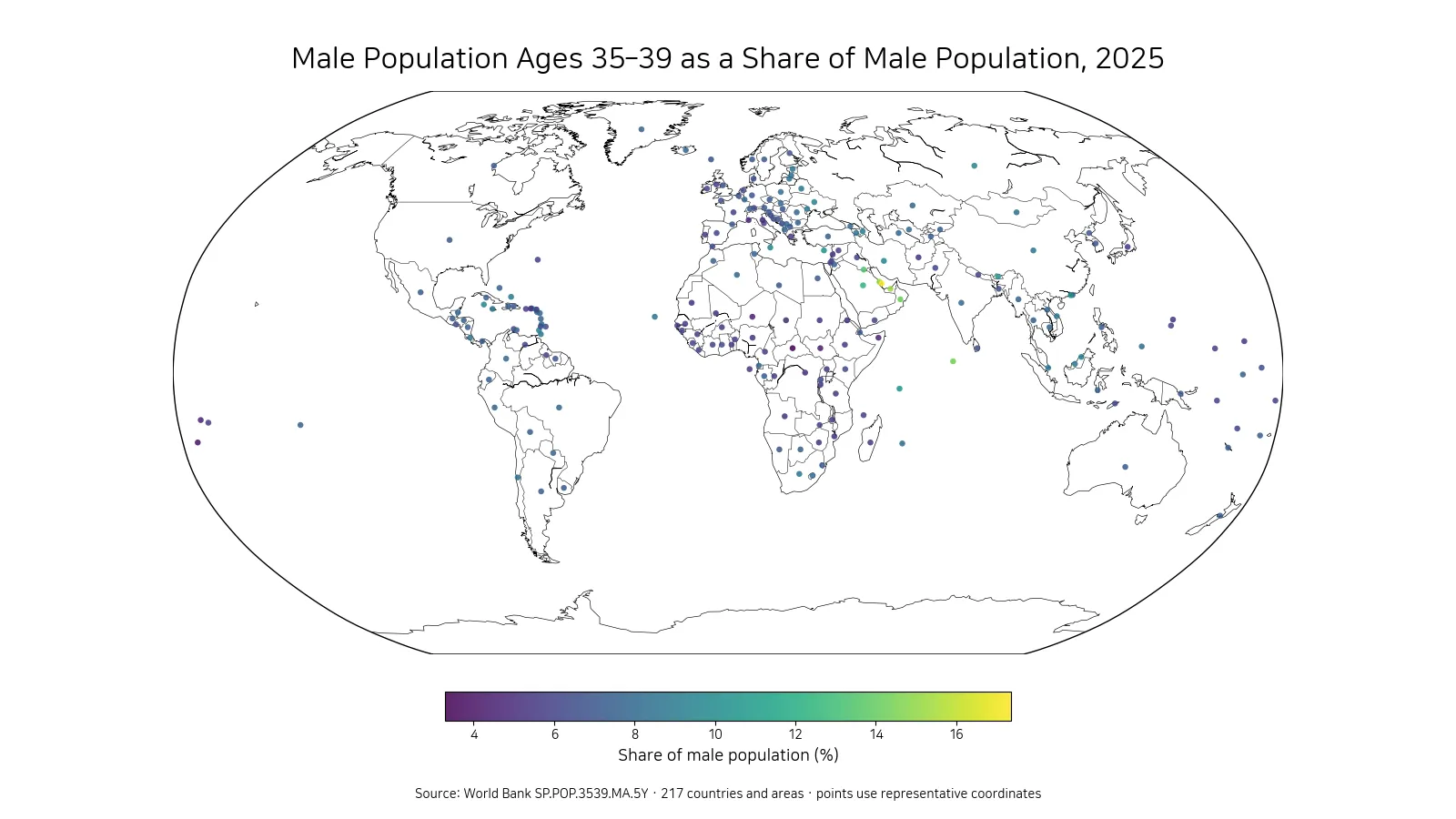 World map of the male population share ages 35 to 39 by country in 2025
