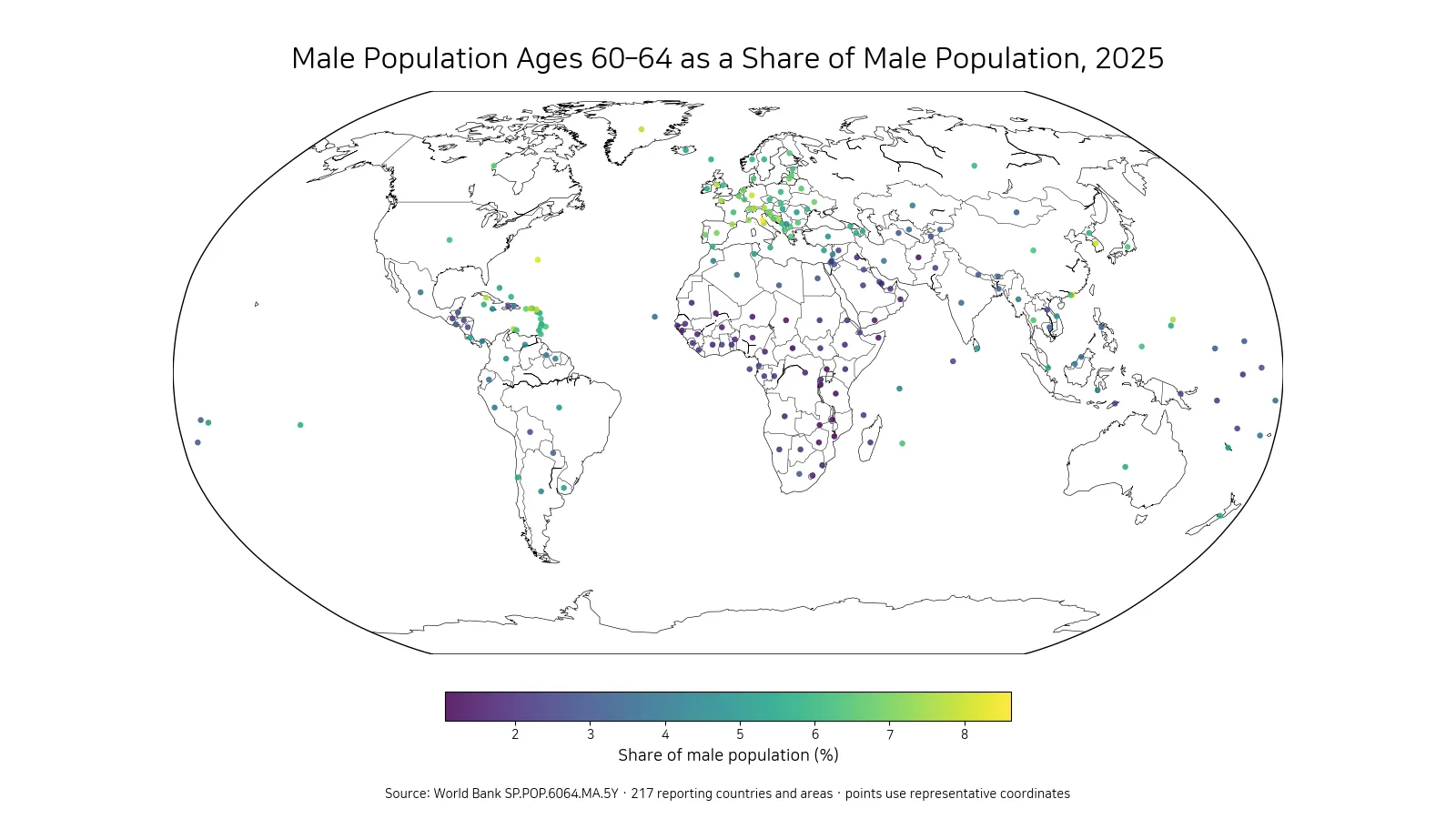World map of the male population share ages 60 to 64 by country in 2025