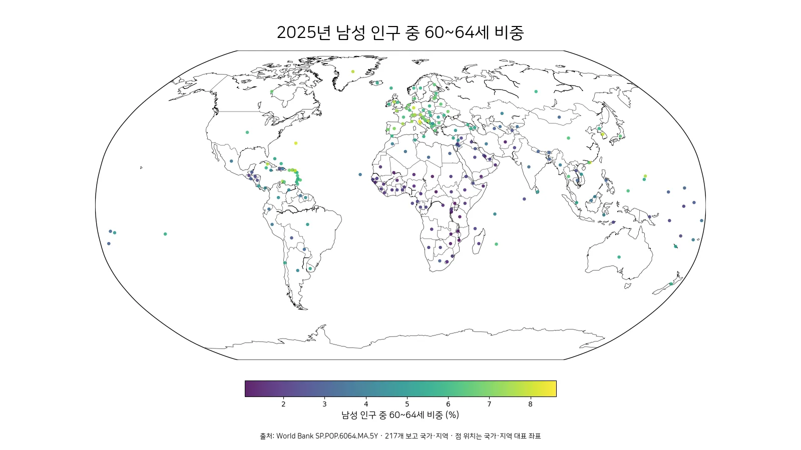 남성 인구 중 60~64세 비중은 어디가 높을까? (2025년)