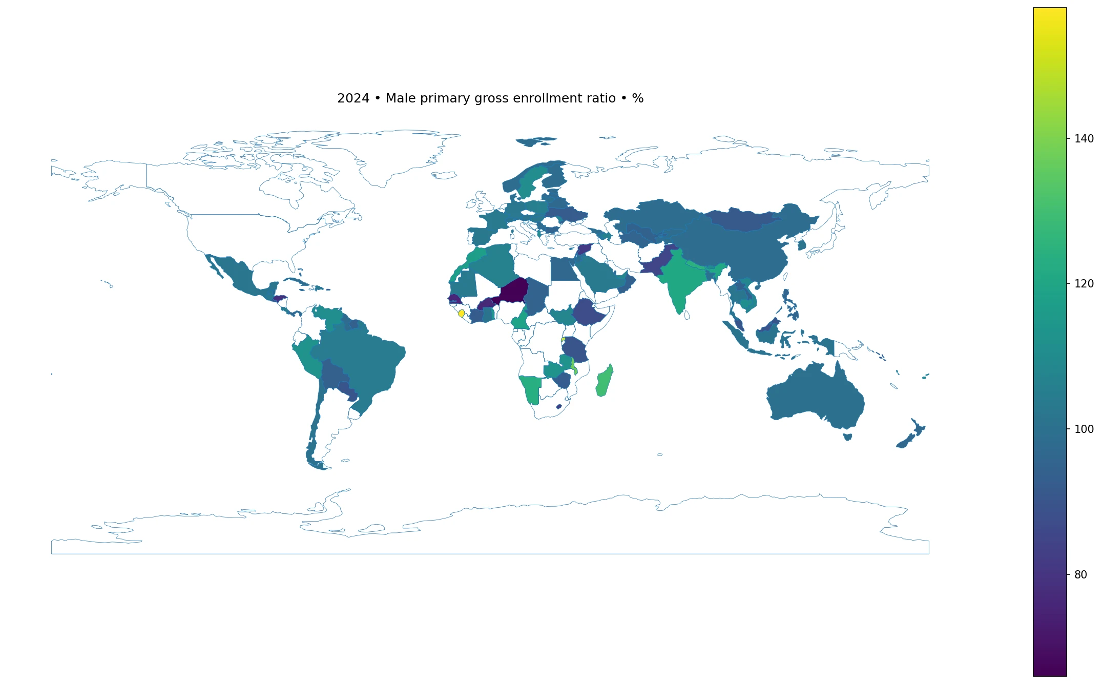 Mapa mundial de la tasa bruta de matrícula masculina en primaria en 2024